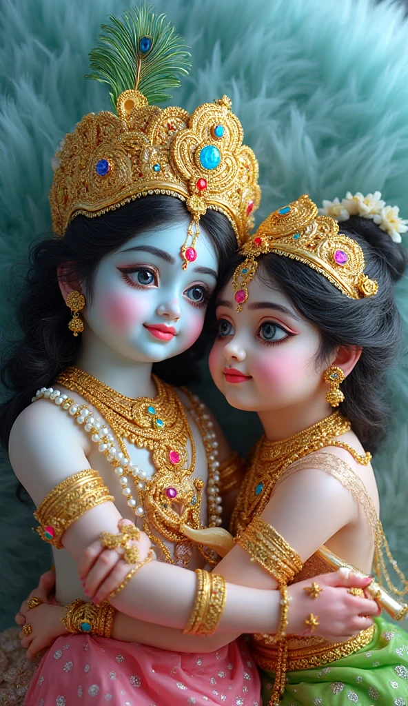 Krishna and Radha , kids character 3 years old, background black and white mountain ice,