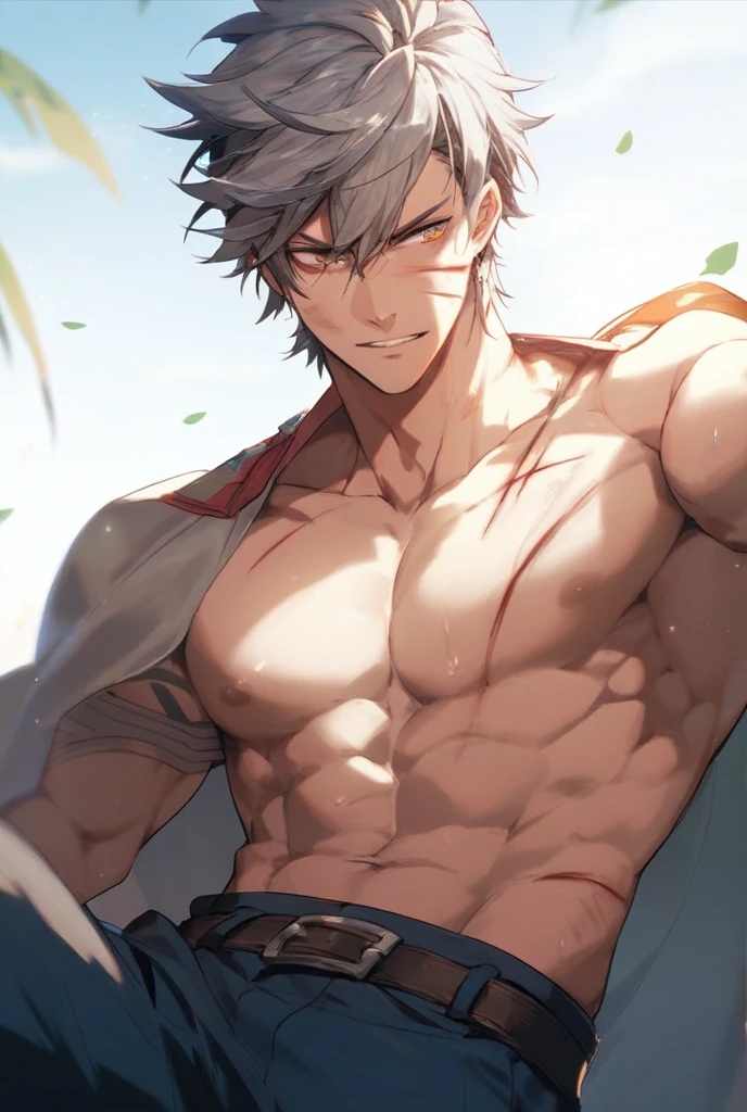 Showing off his muscular muscular back, red skin, bright red skin, the boy blushed shyly , rosy skin, shiny skin(muscular thigh muscles )( anime style, art) (photo angle from bottom up) (photo angle from the ground upwards) [Anime photo][highest quality photo][4k,HD photo quality ] wear tight and short loincloths , bulging loincloths, torn loincloths, wet loincloths, ancient, dirty loinclothuscular thigh muscles, firm thigh muscles, muscular thigh muscles, sinewy thigh muscles, giant thigh muscles, strong leg muscles, muscular hamstring leg muscles)(thigh muscles bulging as if about to explode, muscular, calloused, sinewy, giant) , Rudeus Greyrat,fun, happy, huge body, muscular and muscular, bodybuilder, bodybuilding, standing, lots of sweat flowing down, , , hot sunny, 8 pack abs , short hair , green eyes,  Raise your arms high to reveal your armpits, Hands behind the head.
