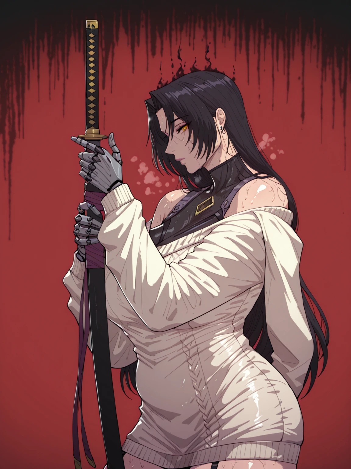 (cirenk-style:1.4), (zonda_(solid_air)-style:1.2), (cervina7-style:1.4), (osiimi-style:1.2), anime coloring, anime screencap, anime-style detailed background, vignetting, masterpiece, high quality, absurdres, best quality, very aesthetic, newest, dynamic composition, anatomical correct, HD, 4K, digital art, trending on ArtStation, perfect body, perfect eyes, perfect fingers, gasping, heavy breathing, excessive sweating, sweating, sweating profusely, gasping profusely, cinematic, ((skindentation)), ((curvy)), dominique de sade, long hair, black hair, curtained hair, yellow eyes, black pupils, plump, 1girl, weapon, solo, sword, red_background, katana, holding_weapon, holding, simple_background, ear_piercing, sheath, holding_sword, mechanical_arms, profile, from_side, sheathed, looking_at_viewer, cyborg, white jacket, sweater dress, off shoulder, black short, (black aura), (grey aura), (aura:1.2)