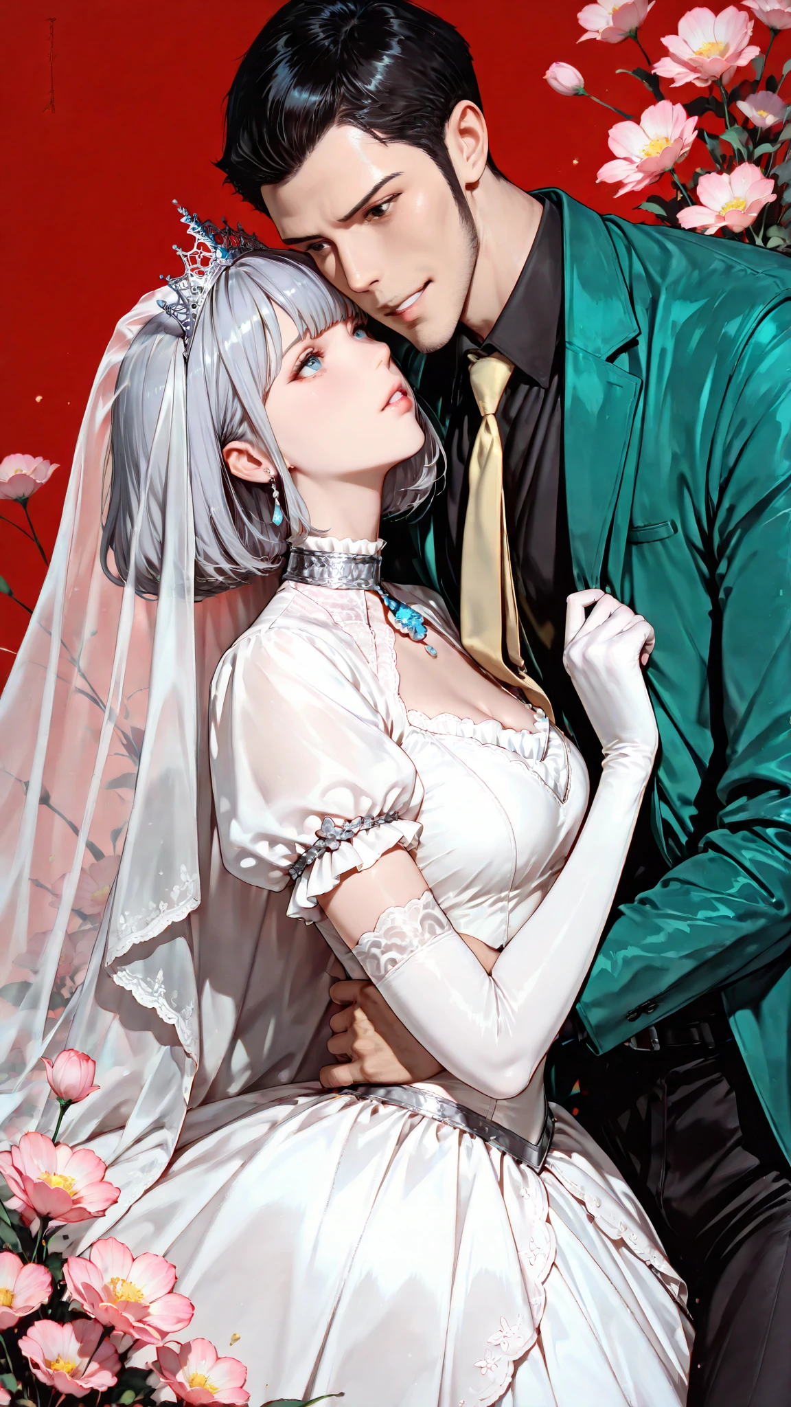 cinematic, (masterpiece), (best quality), (ultra-detailed), very aesthetic, realistic illustration, perfect composition, intricate details, absurdres, score_9, score_8_up, score_7_up, masterpiece, 1girl,1man,(1girl,Clarissetiara,veil, gray hair,detail eyes,white dress,turtleneck,short_sleeves, elbow gloves,,Clarisse, hair,bob_cut,blue eyes),break,(1man,Lupin,black hair,short hair,black eyes,detail eyes,green jacket,black shirt,yellow tie,open jacket, black pants,grin),ink painting,pink flowers on background,red background