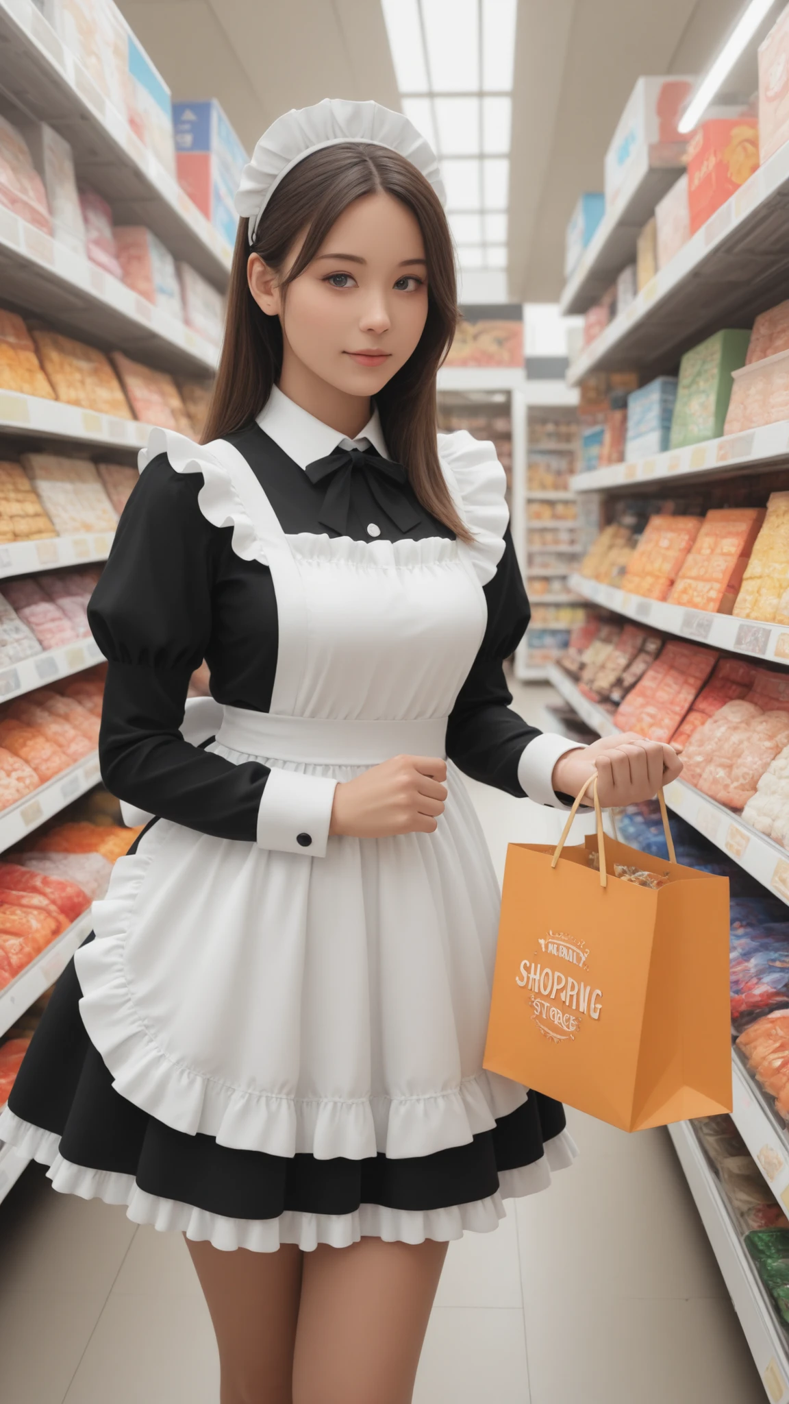 Realistic female wearing anime fantasy maid outfit, realistic female is shopping in market store, natural day, costume player,