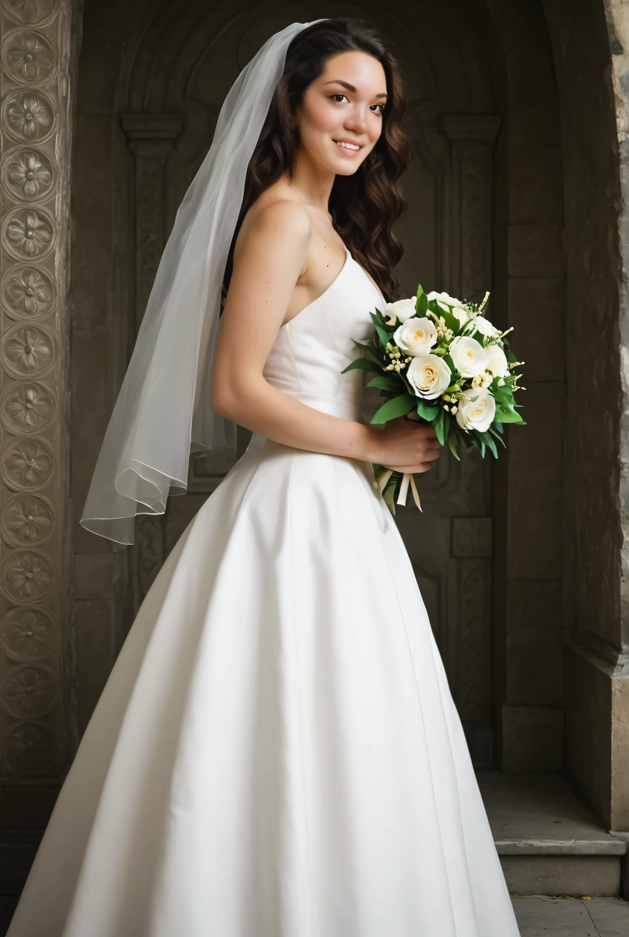 (masterpiece, best quality selfie snapshot:1.3), (photorealistic), (realistic face), amour_Hazal, long wavy dark brown hair, hazel eyes with an olive tint, forme d'oeil en amande, Visage ovale, , freckles naturels, warm golden beige skin, Bonnet B, robe de mariée, tenant un bouquet
