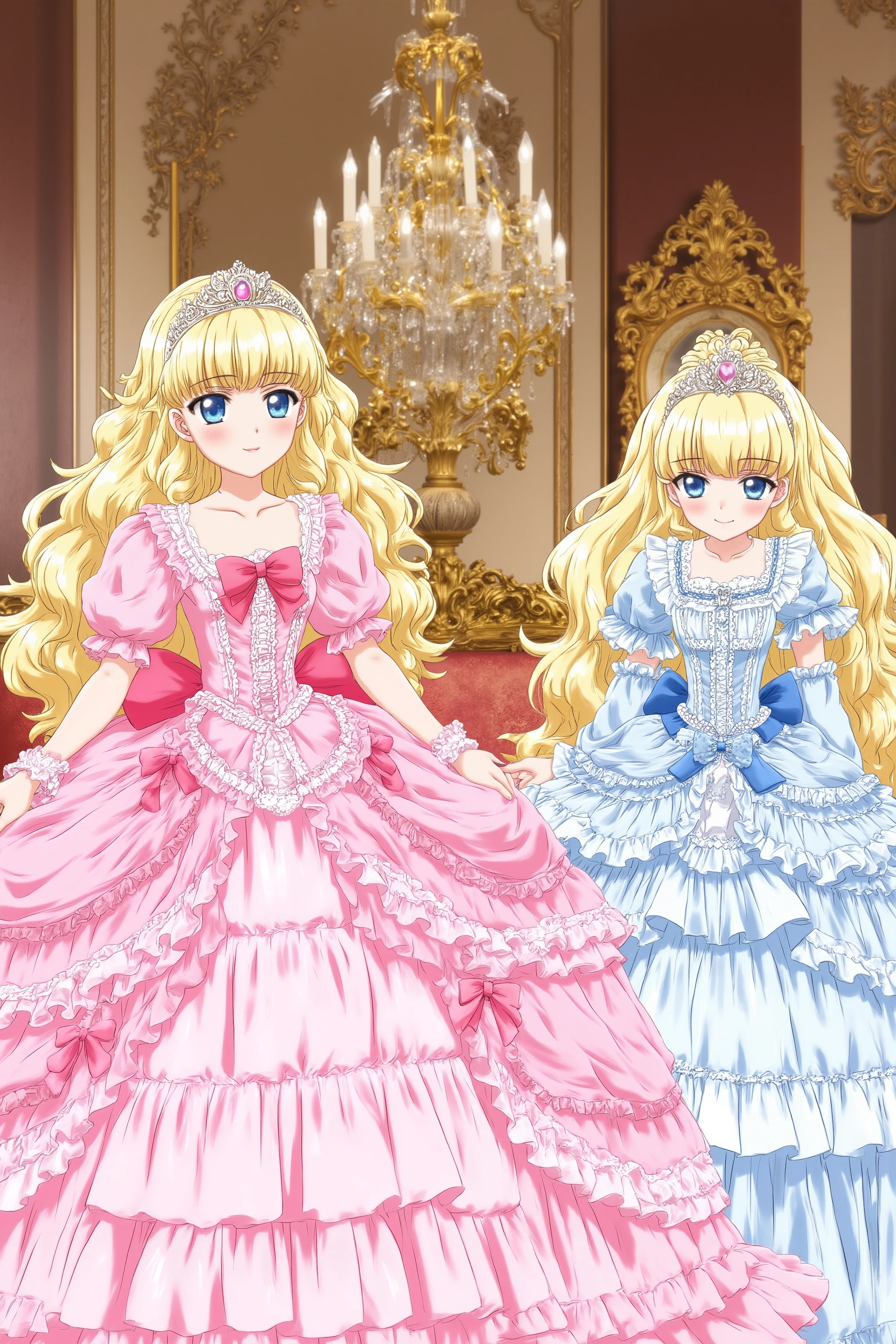 masterpiece, very beautiful, (Anime Coloring, animated screenshot), OFFICIAL ART, illustration, 1990's Anime Style,
1girl, masterpiece, Highest Quality, absurd, OFFICIAL ART, Official Style, Cute Princess, she's smiling,((pink silk satin victorian style large ball gown dress.:1.0)),short,long sleeve,The dress is decorated with lots of ruffles and bows., have waist-length blonde wavy long hair,they wear princess tiaras on their heads,In a gorgeous European rococo palace,