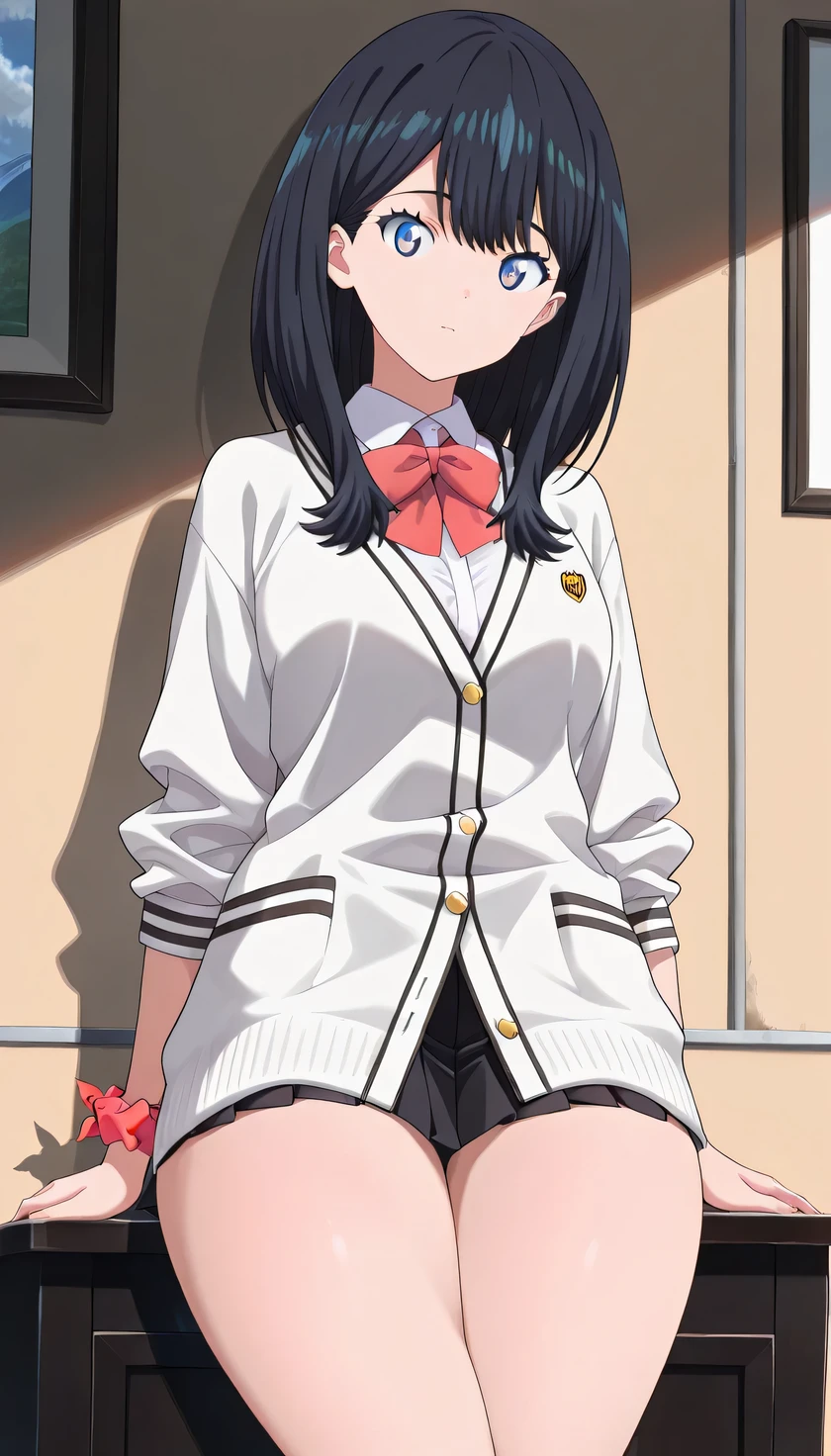 {{{masterpiece}}}, (best quality:1.5), (ultra-detailed:1.5), {illustration}, {{an extremely delicate and beautiful}}, (beautiful detailed eyes:1.6), absurdres, highres, extremely detailed face, 16k, hd, visual anime de uma jovem mulher, extremamente bonito rosto de anime, anime melhor garota, (perfect hands, perfect anatomy), anime face, tkrdrkk, rikka takarada(SSSS.Gridman), cute face, 1girl, solo, black hair, medium hair, sidelocks, blue eyes, (High resolution eyes, Beautiful eyes, Light in the eyes), medium breasts, big hips, curvaceous, plump thighs, BREAK, white cardigan, close cardigan, buttons, long sleeves, white sleeves, white shirt, collared shirt, red bowtie, orange wrist scrunchie on right wrist, (black skirt, microskirt, pleated skirt), thighs, red socks, crew socks,