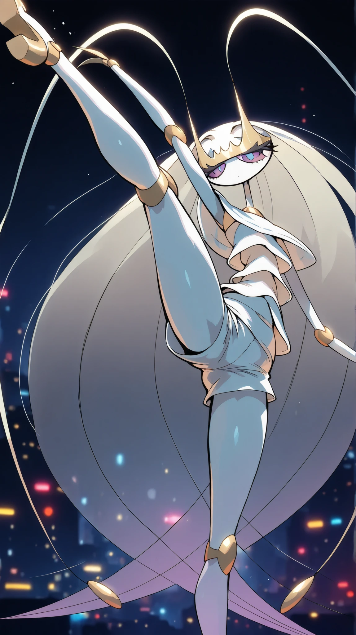 Pheromosa from Pokemon, White Body,Thin Waist, Very Thin Waist, Wasp Waist, Solo,vibrant colors, cel shading, Simplistic Art Style, solo,jumping kick,(acrobat:1.3),{cyberpunk background}