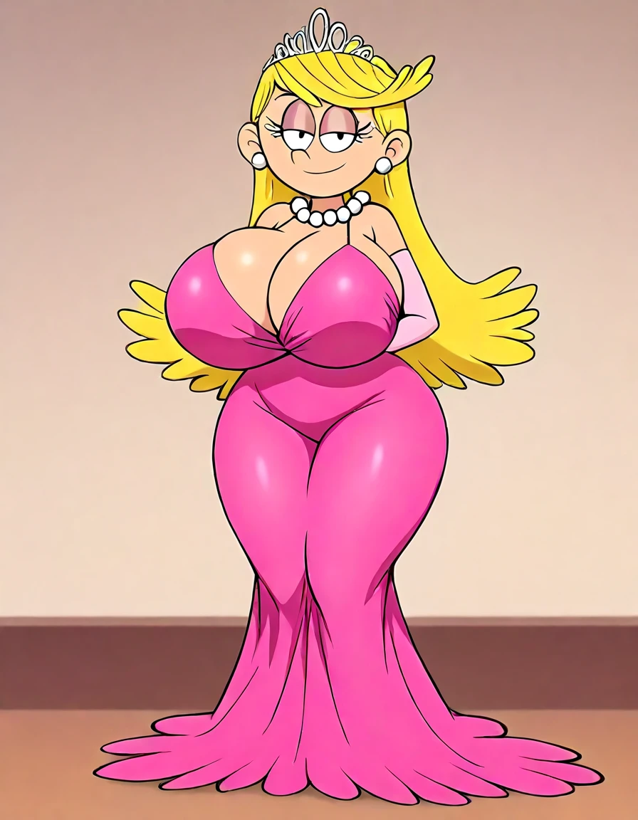 1girl, solo, princess rosalina \(mario\), standing, blue dress, crown, wide hips, large breasts, seductive smile, looking at viewer, mature woman, pastel colors