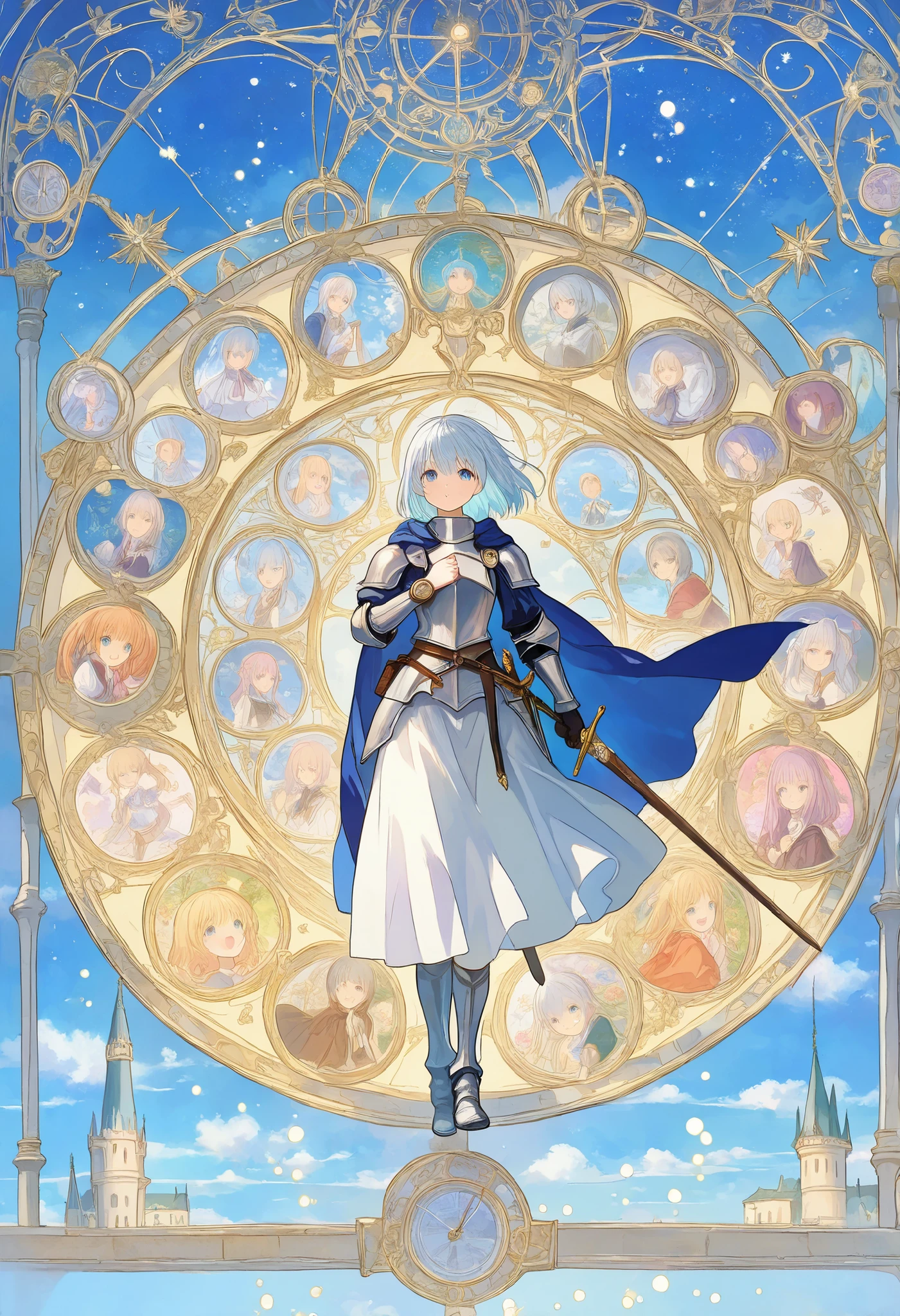 masterpiece:1.2, , dragon knight, silver armor mail, romantic castle background, sunny,
,fantasy style illustration, hand drawn outline, watercolor anime, ultra detailed drawing,angelic atmosphere, kawaii anime,soft color, glittering particles, bright image, blue theme, spiritual ,fancy style, ultra aesthetic illustration, retro anime, oil painting, glow art, intricate complex illustration,kawaii anime, detailed illustration,A whimsical scene in a bustling medieval castle town. A confused young female knight, wearing shiny but slightly scuffed armor, stands in the middle of a cobblestone street holding an upside-down map. Her face is flushed with embarrassment as she scratches her head, trying to make sense of her surroundings. Behind her, a curious group of townfolk, including a baker holding a tray of bread and a  with a wooden sword, watch her with amused expressions. In the background, quaint timber-framed shops and street vendors display vibrant goods, adding charm to the scene. A playful cat tugs at the edge of her cape, adding to her predicament.