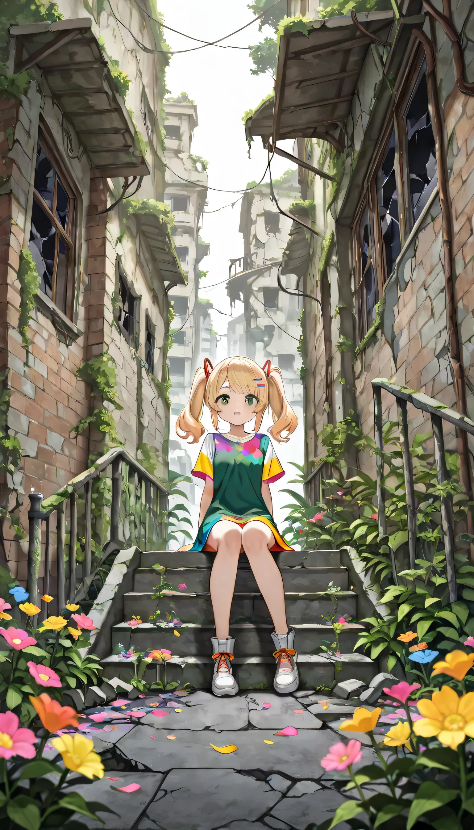 Cute,748cmstyle,(masterpiece:1.2, top quality), (beautiful detailed eyes: 1.2), ((1 Beautiful Girl)), (Highly Detailed CG, Super Detailed), (very detailed and beautiful:1.1), (perfect detail:1.1), (depth of field, shallow depth of field, background gradually blurred), (sharp focus on character:1.1), looking at viewer,  1 girl, Girl sitting on a chunk of crumbled concrete in an abandoned building, blonde twin tails and red hairpins, (cute pastel-colored clothes), dark green eyes, happy expression, ((plants growing on the ruins)), brick wall, broken window, crack, overgrown, railing, rubble, ruins, stairs, Colorful flowers, fluttering flower petals, revitalization of rich nature, dramatic,