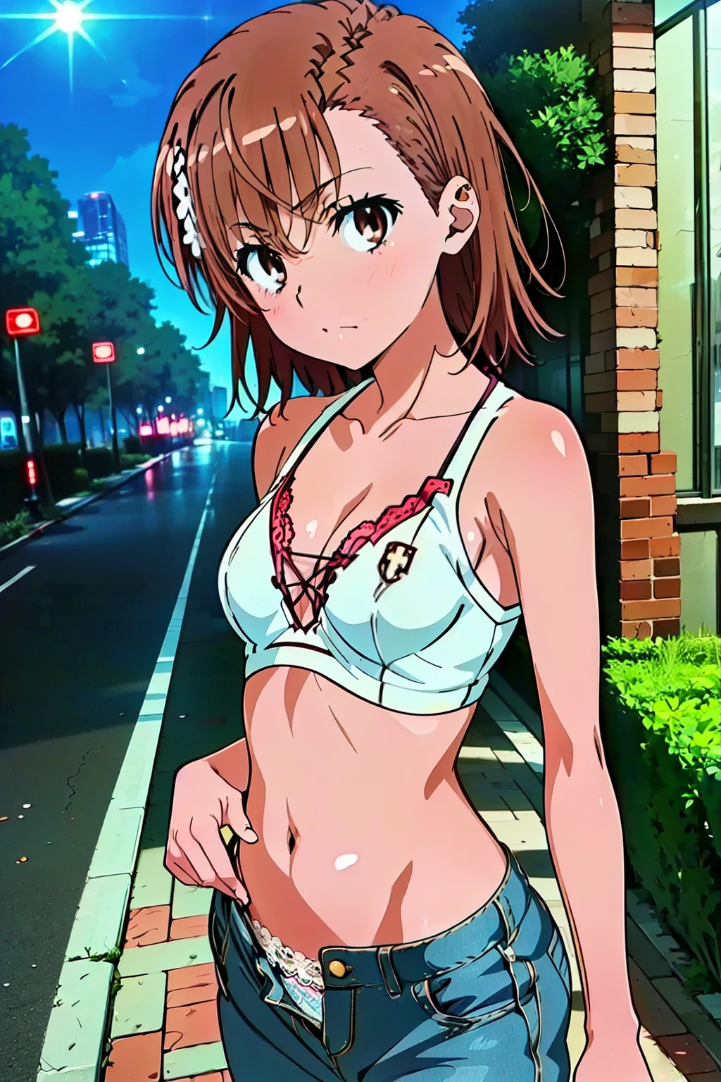 (masterpiece, best quality, high resolution, 8k:1.2), (anime coloring, official art:1.3), (short:1.3), perfect character design, highly detailed CG Unity 8K wallpaper, perfect face, perfect eye, perfect hair style, perfect body, beautiful body, beautiful skin, beautiful breasts, beautiful legs, beautiful hands, perfect hands, beautiful face, beautiful eyes, symmetrical eyes, slim body, (1 girl), (misaka mikoto, brown eyes), (small breasts:1.2), (brown hair, short hair, bangs, eyebrows visible through hair, hairpin), (bikini, collarbone, (exposure breasts;1.4)), (tank top, lace up, belly button, denim pants), (cowboy shot), (street corner, night, neon), dutch angle, looking at viewer,