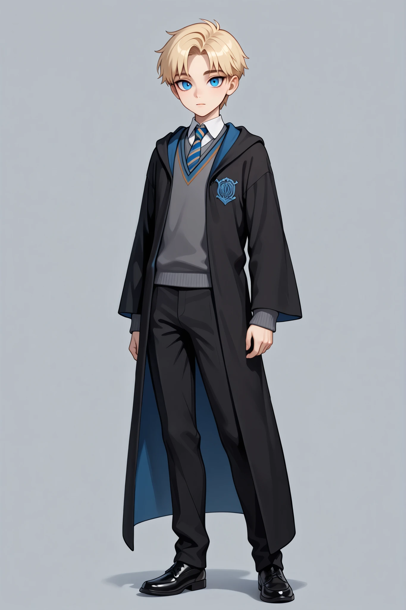 score_9, score_8_up, score_7_up, best quality, masterpiece, 4k resolution, 1boy, solo, youthful, young, full body, blonde hair, clean hair, tidy hair, neat hair, bangs, parted bangs, short hair,  blue eyes, sharp eyes, looking at viewer, confident posture,  hogwarts uniform, ravenclaw, black robe, necktie, striped necktie, collared shirt, sweater, black pants, grey sweater, black shoes, calm expression, 