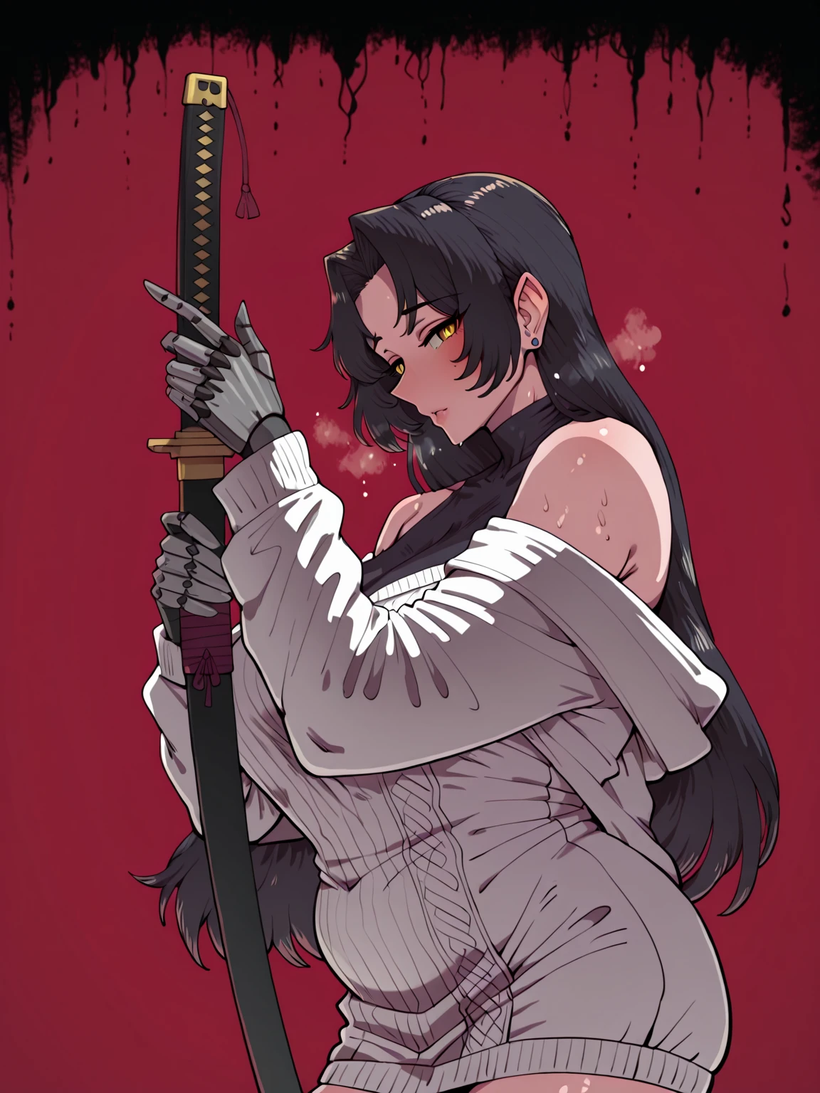 (boris_(noborhys)-style:1.4), (zonda_(solid_air)-style:1.2), (cervina7-style:1.4), (osiimi-style:1.2), anime coloring, anime screencap, anime-style detailed background, vignetting, masterpiece, high quality, absurdres, best quality, very aesthetic, newest, dynamic composition, anatomical correct, HD, 4K, digital art, trending on ArtStation, perfect body, perfect eyes, perfect fingers, gasping, heavy breathing, excessive sweating, sweating, sweating profusely, gasping profusely, cinematic, ((skindentation)), ((curvy)), dominique de sade, long hair, black hair, curtained hair, yellow eyes, black pupils, plump, 1girl, weapon, solo, sword, red_background, katana, holding_weapon, holding, simple_background, ear_piercing, sheath, holding_sword, mechanical_arms, profile, from_side, sheathed, looking_at_viewer, cyborg, white jacket, sweater dress, off shoulder, black short, (black aura), (grey aura), (aura:1.2)