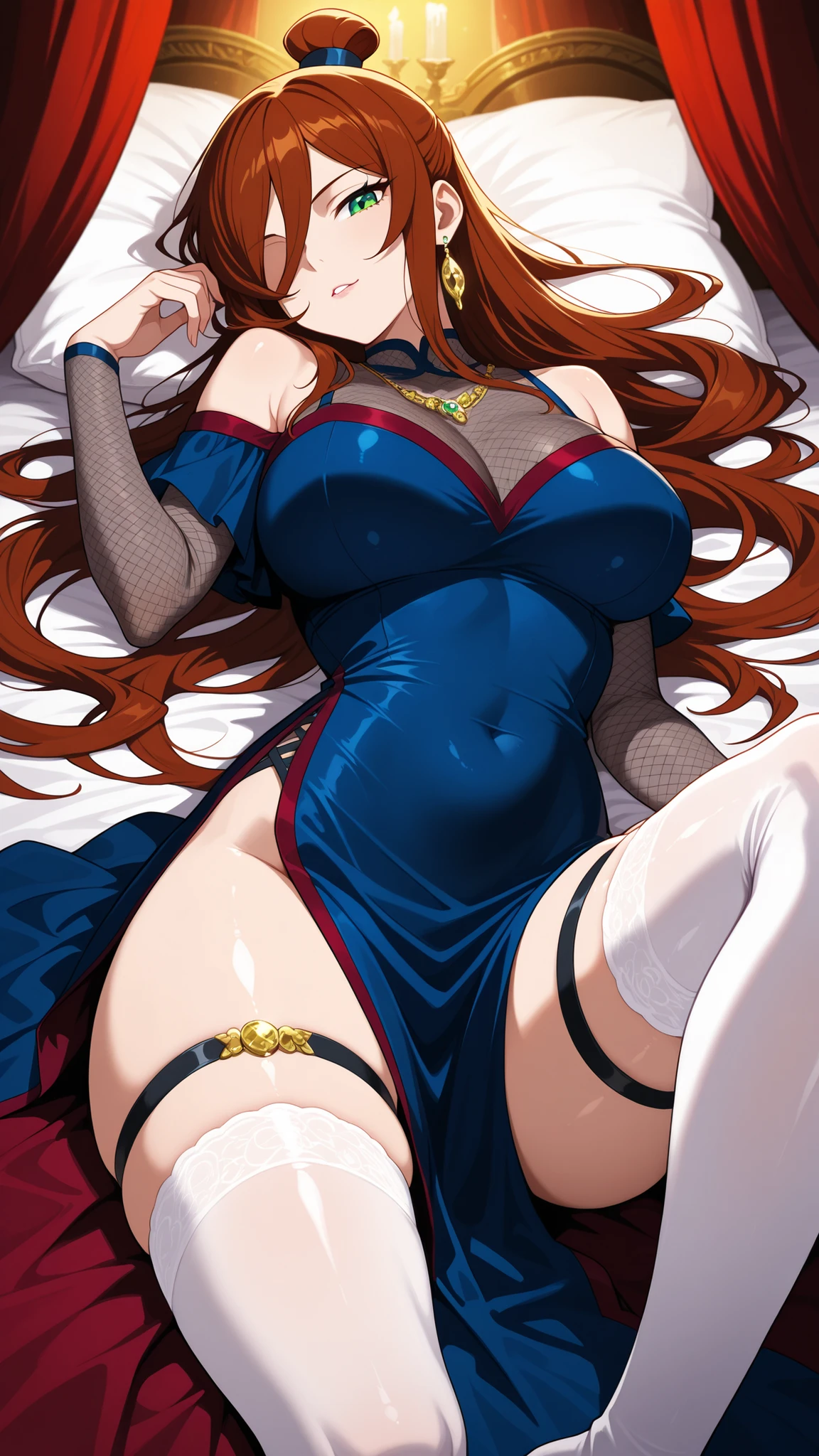 BREAK (masterpiece:1.2), Luxurious erotic room, deep red and crimson velvet curtains, dim candlelight glowing softly, large bed with silk sheets and canopy, golden mirrors reflecting sensual atmosphere, soft shadows, romantic decadent vibe, cinematic composition, ultra-detailed interior, 8K masterpiece digital painting.no people, mei terumi, long hair, brown hair, green eyes, topknot, hair covering one eye, large breasts,dress, bare shoulders,blue dress,fishnets,long dress,side slit,leg strap,jawerly,earrings,necklace,side slit,leg strap,,looking at viewer,cowboy shot,wide-angel,seductive expression,seductive pose,floating hair,white thighhighs,leg strap,lying on her back, relaxed and dreamy, head resting on arms, soft curves, natural lighting, silky sheets, romantic mood, high detail, 4k illustration,