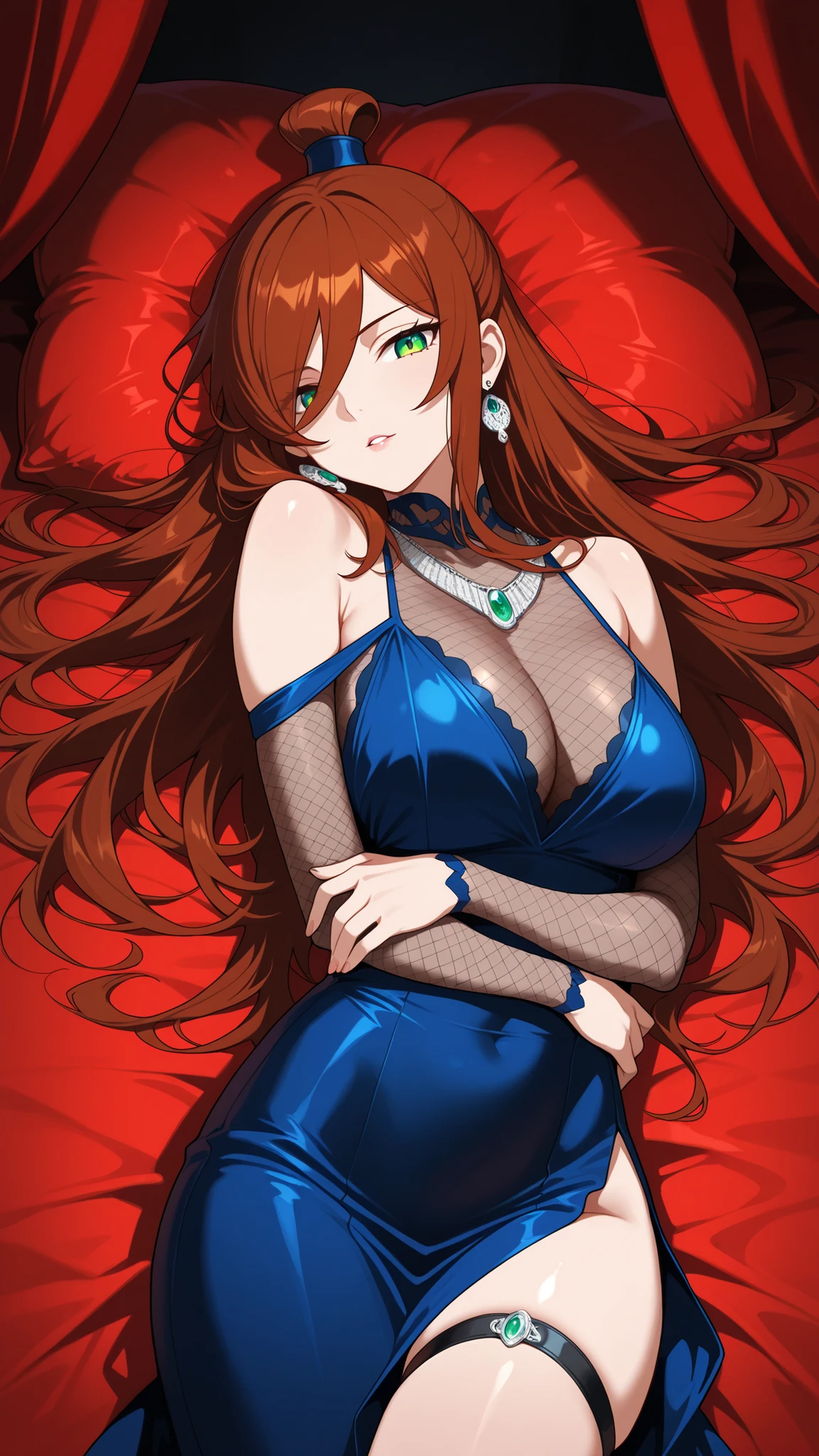 BREAK (masterpiece:1.2), Luxurious erotic room, deep red and crimson velvet curtains, dim candlelight glowing softly, large bed with silk sheets and canopy, golden mirrors reflecting sensual atmosphere, soft shadows, romantic decadent vibe, cinematic composition, ultra-detailed interior, 8K masterpiece digital painting.no people, mei terumi, long hair, brown hair, green eyes, topknot, hair covering one eye, large breasts,dress, bare shoulders,blue dress,fishnets,long dress,side slit,leg strap,jawerly,earrings,necklace,side slit,leg strap,,looking at viewer,cowboy shot,wide-angel,seductive expression,seductive pose,floating hair,lying on her back, relaxed and dreamy, head resting on arms, soft curves, natural lighting, silky sheets, romantic mood, high detail, 4k illustration,from above