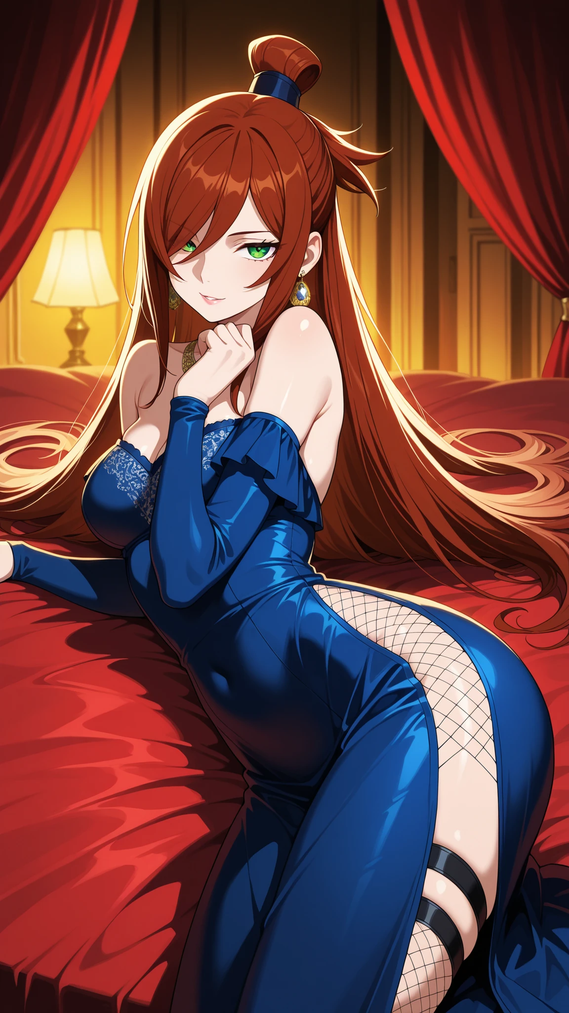 BREAK (masterpiece:1.2), Luxurious erotic room, deep red and crimson velvet curtains, dim candlelight glowing softly, large bed with silk sheets and canopy, golden mirrors reflecting sensual atmosphere, soft shadows, romantic decadent vibe, cinematic composition, ultra-detailed interior, 8K masterpiece digital painting.no people, mei terumi, long hair, brown hair, green eyes, topknot, hair covering one eye, medium breasts,dress, bare shoulders,blue dress,fishnets,long dress,side slit,leg strap,jawerly,earrings,necklace,side slit,leg strap,,looking at viewer,cowboy shot,wide-angel,seductive expression,seductive pose,floating hair,lying on her stomach, hips slightly raised, arched back, seductive look over shoulder, smooth skin, detailed body curves, soft warm light, intimate atmosphere, ultra detailed, 4k