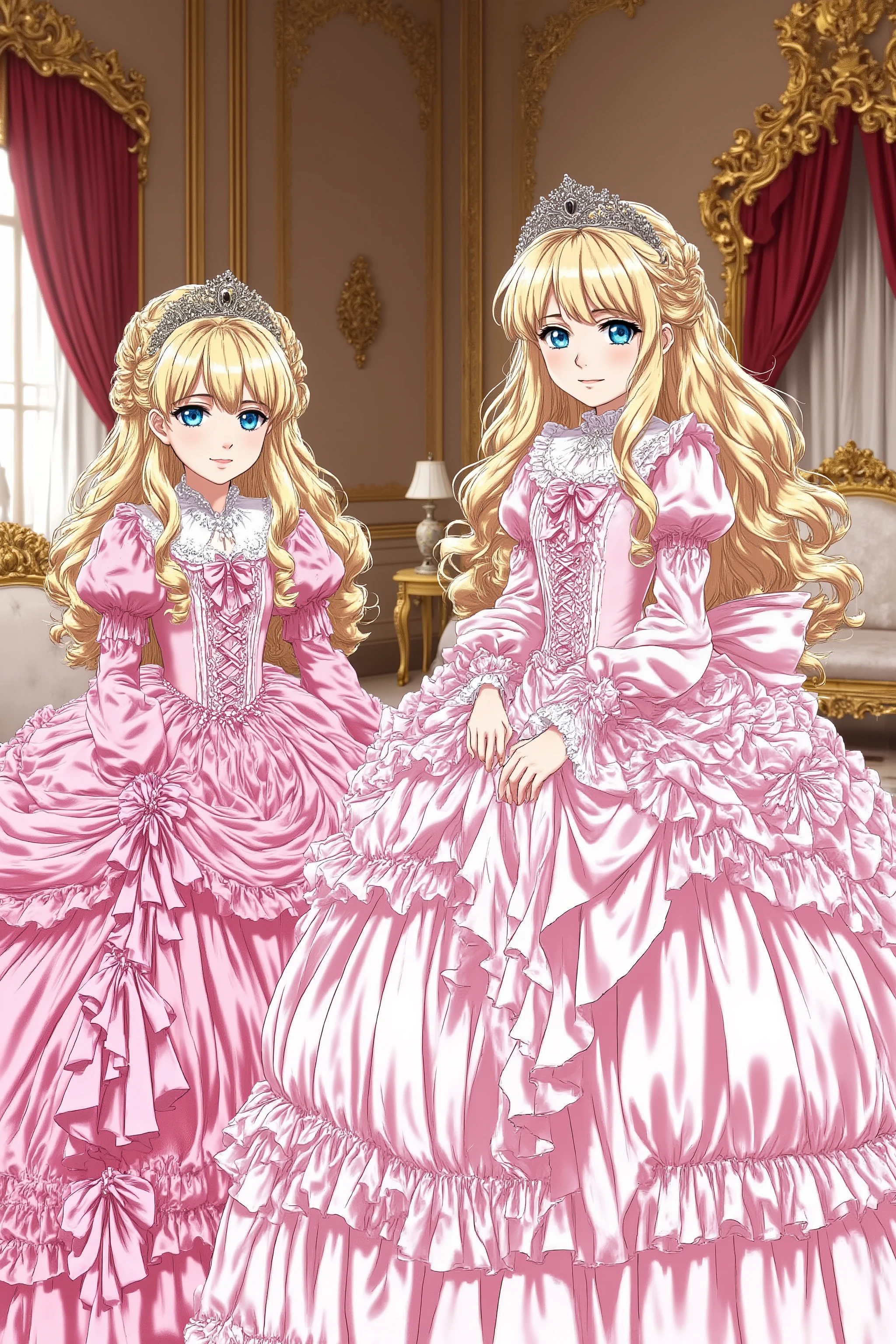 masterpiece, very beautiful, (Anime Coloring, animated screenshot), OFFICIAL ART, illustration, 1990's Anime Style,
1girl, masterpiece, Highest Quality, absurd, OFFICIAL ART, Official Style, Cute Princess, she's smiling,((pink silk satin victorian style large ball gown dress.:1.0)),short,((long sleeve,puff sleeve)),The dress is decorated with lots of ruffles and bows., have waist-length blonde wavy long hair,they wear princess tiaras on their heads,In a gorgeous European rococo palace,