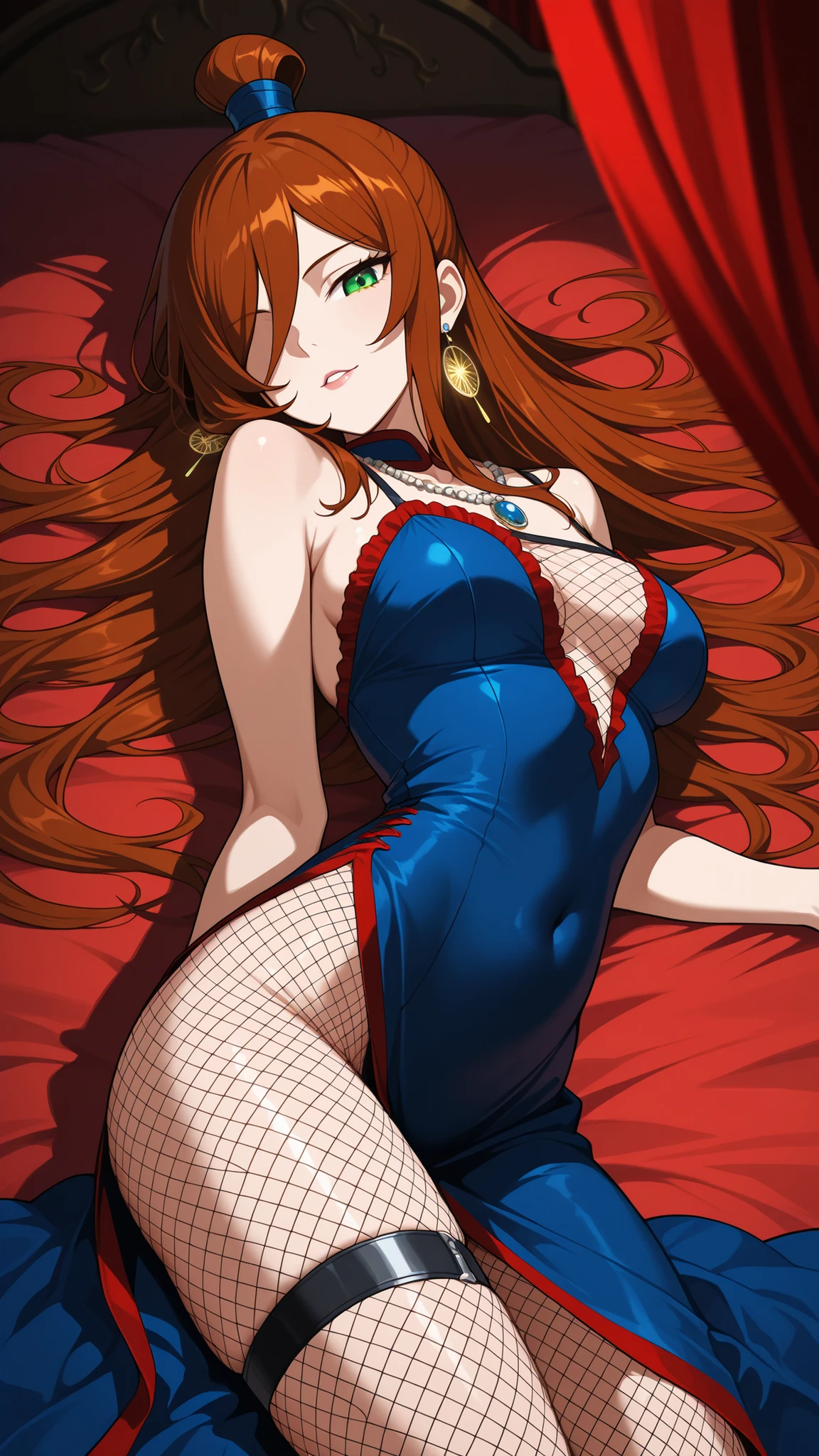 BREAK (masterpiece:1.2), Luxurious erotic room, deep red and crimson velvet curtains, dim candlelight glowing softly, large bed with silk sheets and canopy, golden mirrors reflecting sensual atmosphere, soft shadows, romantic decadent vibe, cinematic composition, ultra-detailed interior, 8K masterpiece digital painting.no people, mei terumi, long hair, brown hair, green eyes, topknot, hair covering one eye, medium breasts,dress, bare shoulders,blue dress,fishnets,long dress,side slit,leg strap,jawerly,earrings,necklace,side slit,leg strap,,looking at viewer,cowboy shot,wide-angel,seductive expression,seductive pose,floating hair,lying on her stomach, hips slightly raised, arched back, seductive look over shoulder, smooth skin, detailed body curves, soft warm light, intimate atmosphere, ultra detailed, 4k,from above