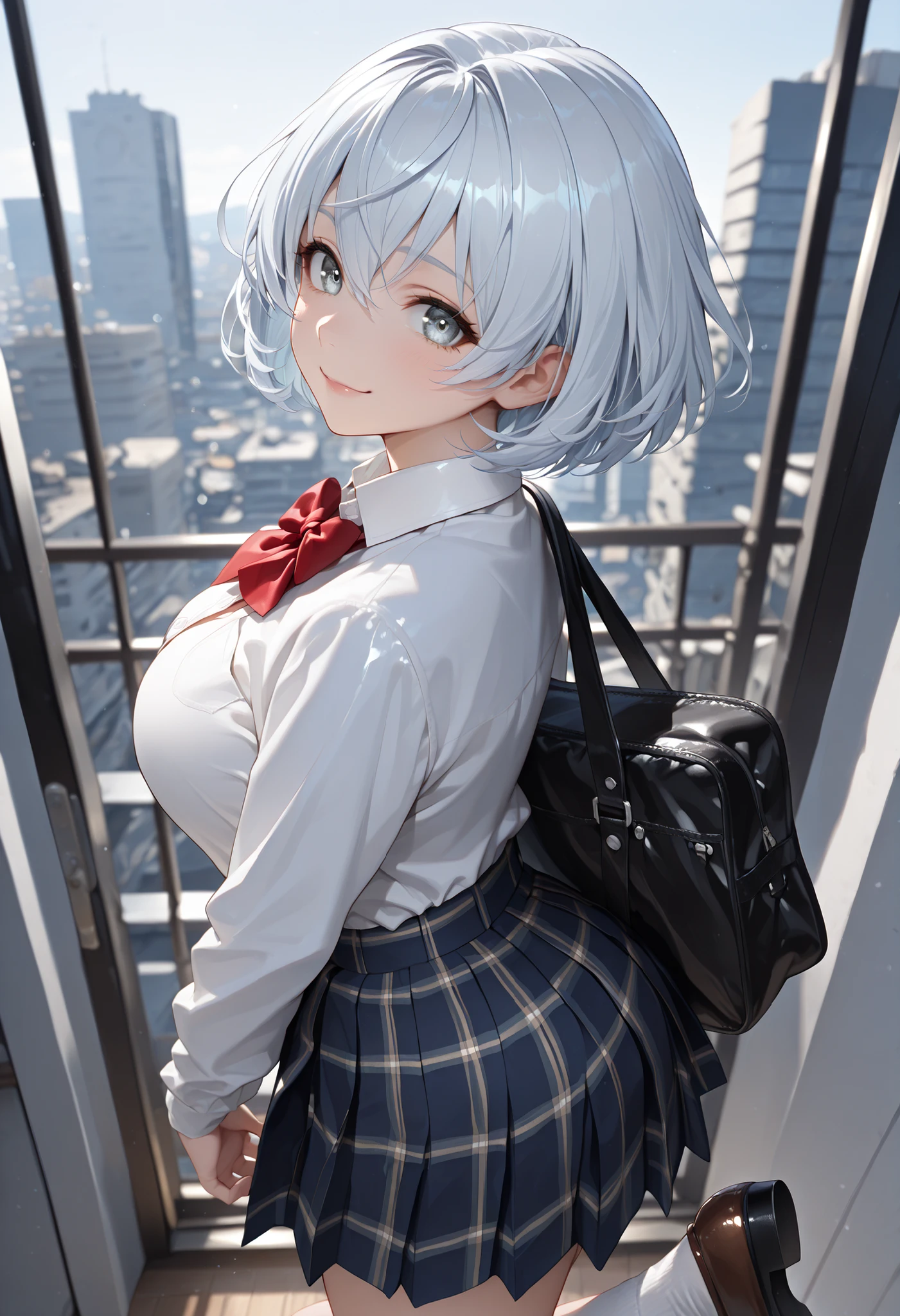 (from back:1.5), cowboy shot, masterpiece, best quality, amazing quality, very aesthetic, high resolution, ultra-detailed, absurdres, newest, scenery, BREAK, depth of field, volumetric lighting, (masterpiece, best quality, absurdres, detailed,perfect quality, amazing quality, very aesthetic, absurdres, newest, ultra-detailed:1.2), extremely detailed, modern, very awa, crisp, sharp, beautiful eyes, fine textures, clean skin, 1girl, 18yo, BREAK ((silver hair:1.5),bob cut, bang between eyes), ((glossy silver eyes:1.5)), (cute eyes, tareme, twinkle eyes), (large breasts), cute face, beautiful face, pretty face, beautiful, good anatomy, long eyelashes, expressive eyes, Perfect Hands, happy, one eye close, smile, glossy lips, perfecteyes, BREAK 1girl, school uniform, (white collared-shirt:0.5),white collared-shirt,white collar exposed from V-neckline, (white collared-shirt:0.5) with big red ribbon bow on neck,only exposed dark-navy plaid skirt-hem, navy pleated mini skirt, white knee socks, brown loafers, (holding one black school bag), BREAK 1girl, morning, sunny, daylight, city, street,a cute anime girl, Big jump in strong wind, jump, super jump, (dynamic posing:1.5), happiness. BREAK soft lighting, (masterpiece, best quality), (cute, 8K, perfect lighting, perfect anatomy), absurdres, (best quality), (ultra-detailed:1.2), high res, very aesthetic, ultra-detailed, cinematic, masterpiece, best quality, sharp outline, detailed eyes, high gradient eyes, high definition eyes