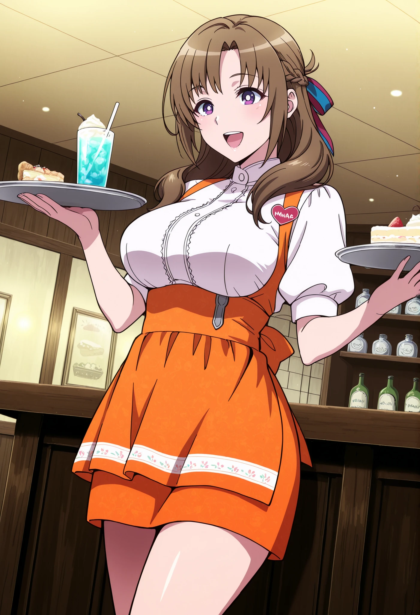 Score_9, score_8_up, score_7_up, source_anime, Mamako OOSUKI, solo, bronze hair, long_hair, hair ribbon, multicolored ribbon, braid, purple_eyes, huge_breasts, (best quality), (high quality), {masterpiece}, extremely delicate and beautiful, ultra-detailed, beautiful detailed eyes, anna miller, waitress, white shirt, short sleeves, puffy sleeves, orange suspender skirt, high-waist skirt, waist orange apron, name tag, restaurant, indoor, holding silver tray, smile, open mouth, standing ,rouge lips