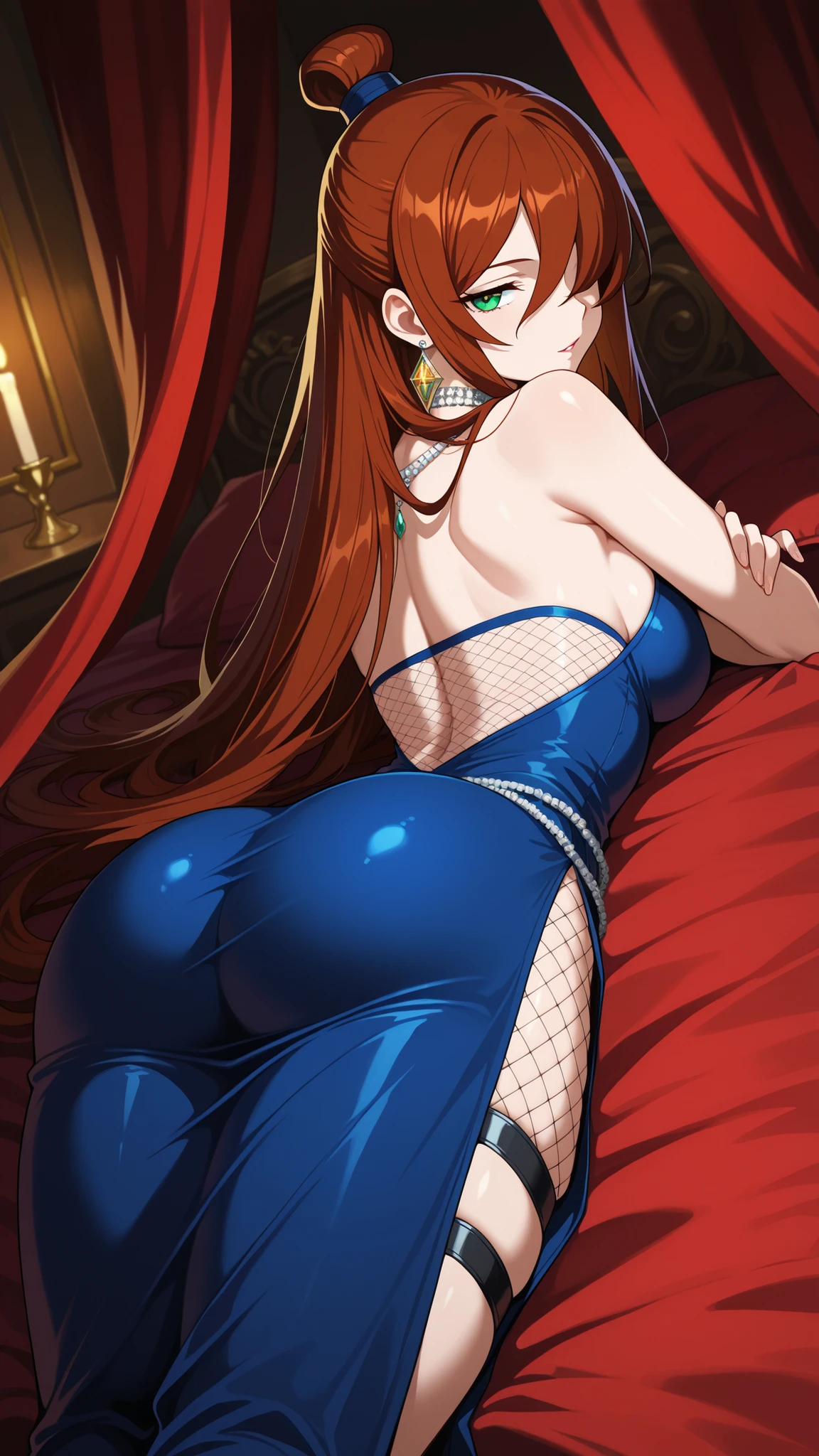 BREAK (masterpiece:1.2), Luxurious erotic room, deep red and crimson velvet curtains, dim candlelight glowing softly, large bed with silk sheets and canopy, golden mirrors reflecting sensual atmosphere, soft shadows, romantic decadent vibe, cinematic composition, ultra-detailed interior, 8K masterpiece digital painting.no people, mei terumi, long hair, brown hair, green eyes, topknot, hair covering one eye, medium breasts,dress, bare shoulders,blue dress,fishnets,long dress,side slit,leg strap,jawerly,earrings,necklace,side slit,leg strap,,looking at viewer,cowboy shot,wide-angel,seductive expression,seductive pose,floating hair,lying on her stomach, hips slightly raised, arched back, seductive look over shoulder, smooth skin, detailed body curves, soft warm light, intimate atmosphere, ultra detailed, 4k,from behind,photo from back
