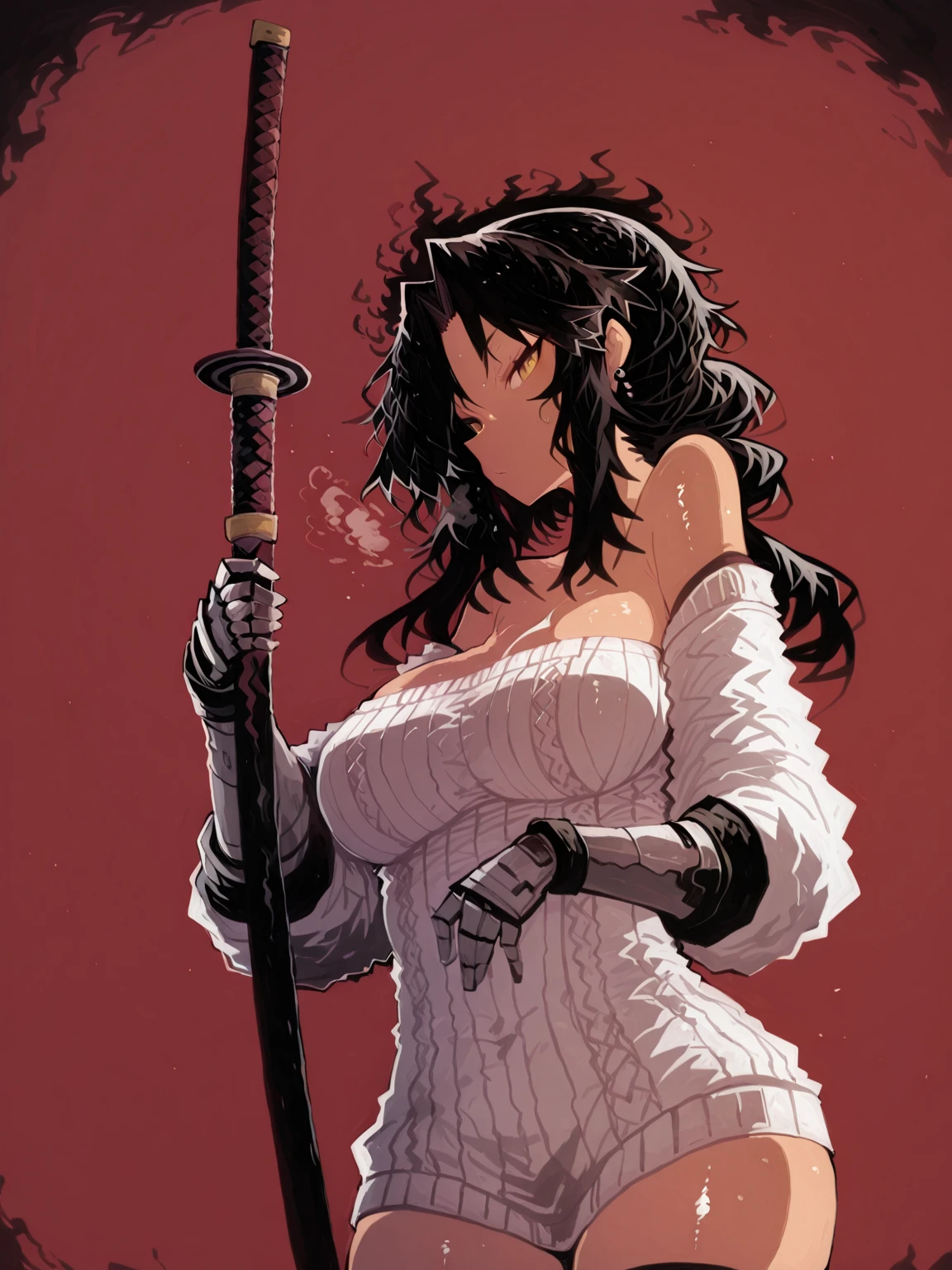 (kaamin_(mariarose753)-style:1.4), (zonda_(solid_air)-style:1.2), (cervina7-style:1.4), (osiimi-style:1.2), anime coloring, anime screencap, anime-style detailed background, vignetting, masterpiece, high quality, absurdres, best quality, very aesthetic, newest, dynamic composition, anatomical correct, HD, 4K, digital art, trending on ArtStation, perfect body, perfect eyes, perfect fingers, gasping, heavy breathing, excessive sweating, sweating, sweating profusely, gasping profusely, cinematic, ((skindentation)), ((curvy)), dominique de sade, long hair, black hair, curtained hair, yellow eyes, black pupils, plump, 1girl, weapon, solo, sword, red_background, katana, holding_weapon, holding, simple_background, ear_piercing, sheath, holding_sword, mechanical_arms, profile, from_side, sheathed, looking_at_viewer, cyborg, white jacket, sweater dress, off shoulder, black short, (black aura), (grey aura), (aura:1.2)