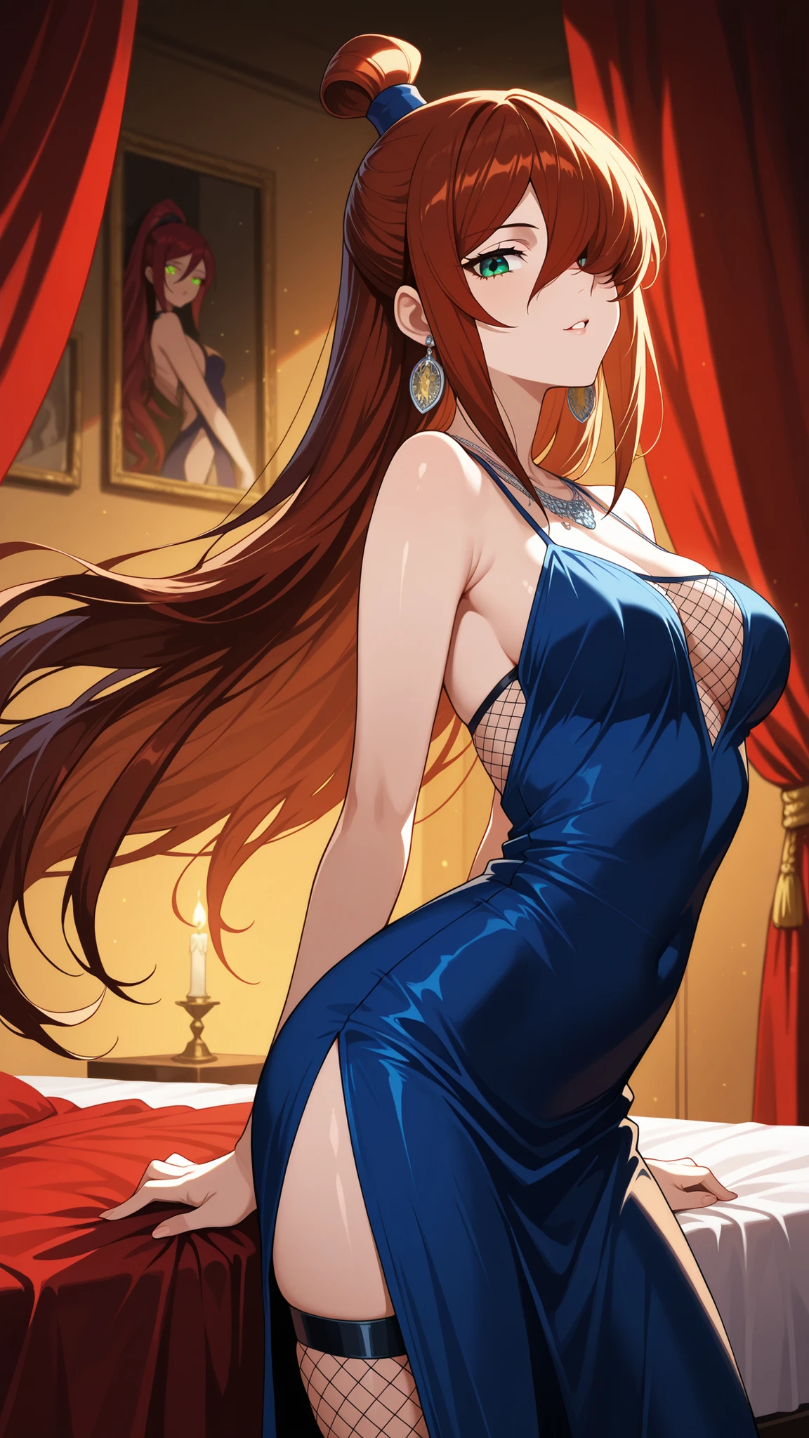 BREAK (masterpiece:1.2), Luxurious erotic room, deep red and crimson velvet curtains, dim candlelight glowing softly, large bed with silk sheets and canopy, golden mirrors reflecting sensual atmosphere, soft shadows, romantic decadent vibe, cinematic composition, ultra-detailed interior, 8K masterpiece digital painting.no people, mei terumi, long hair, brown hair, green eyes, topknot, hair covering one eye, medium breasts,dress, bare shoulders,blue dress,fishnets,long dress,side slit,leg strap,jawerly,earrings,necklace,side slit,leg strap,,looking at viewer,cowboy shot,wide-angel,seductive expression,seductive pose,floating hair,arched back,excited face