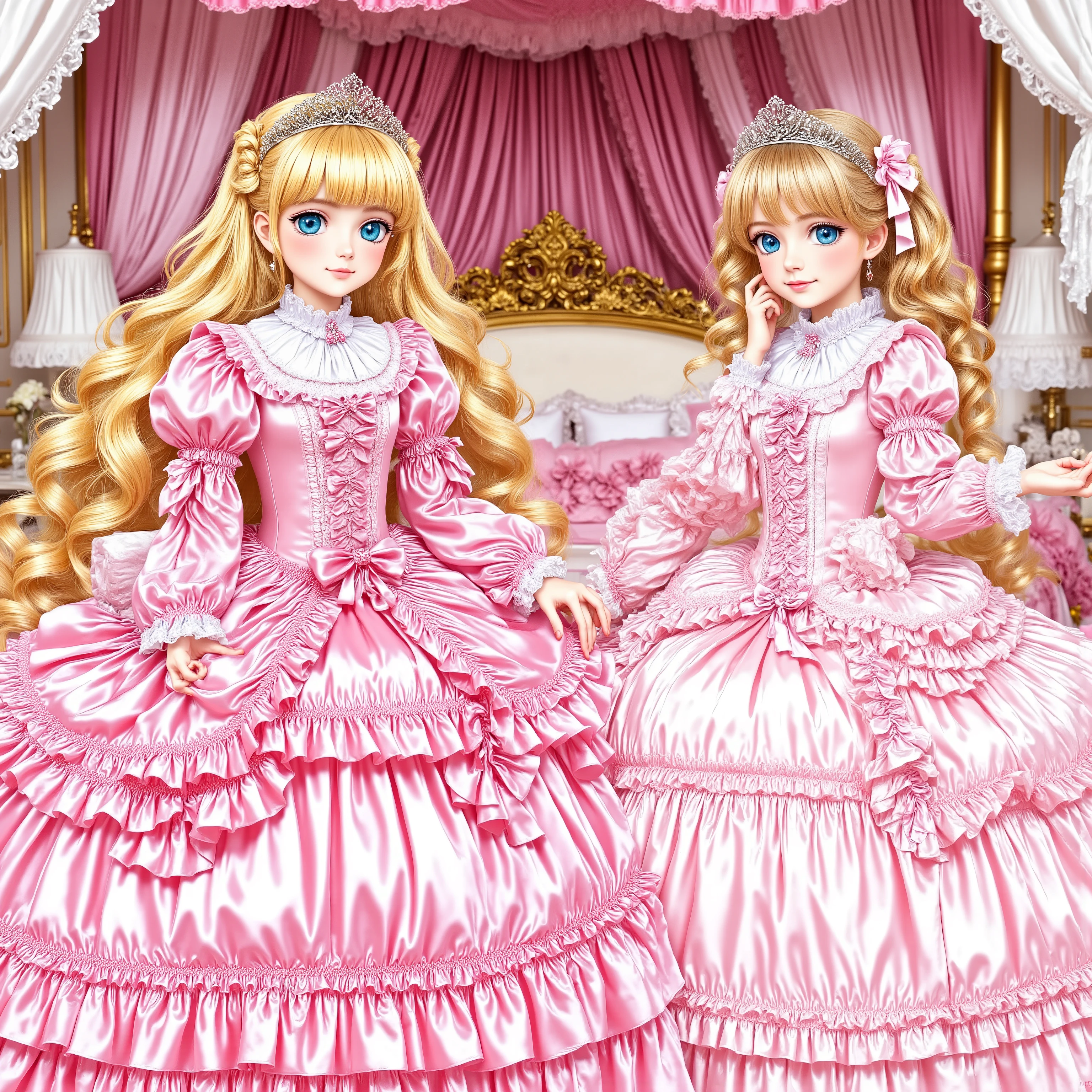 Far Distance,masterpiece, very beautiful, (Anime Coloring, animated screenshot), OFFICIAL ART, illustration, 1990's Anime Style,
1girl, masterpiece, Highest Quality, absurd, OFFICIAL ART, Official Style, Cute Princess, she's smiling,((pink silk satin victorian style large ball gown dress.:1.0)),short,long sleeve,The dress is decorated with lots of ruffles and bows., have waist-length blonde wavy long hair,They wear a princess tiara on their heads Luxury,((Palace Bedroom)),Large Victorian Canopy Bed on the Back,Pink Silk Satin Sheets,((Soft Duvet,Round and bulging Soft Duvet,Ruffle Comforter:1.0)),Silk Satin Ruffle Pillow,Lots of Frilled Pillows on the Bed,