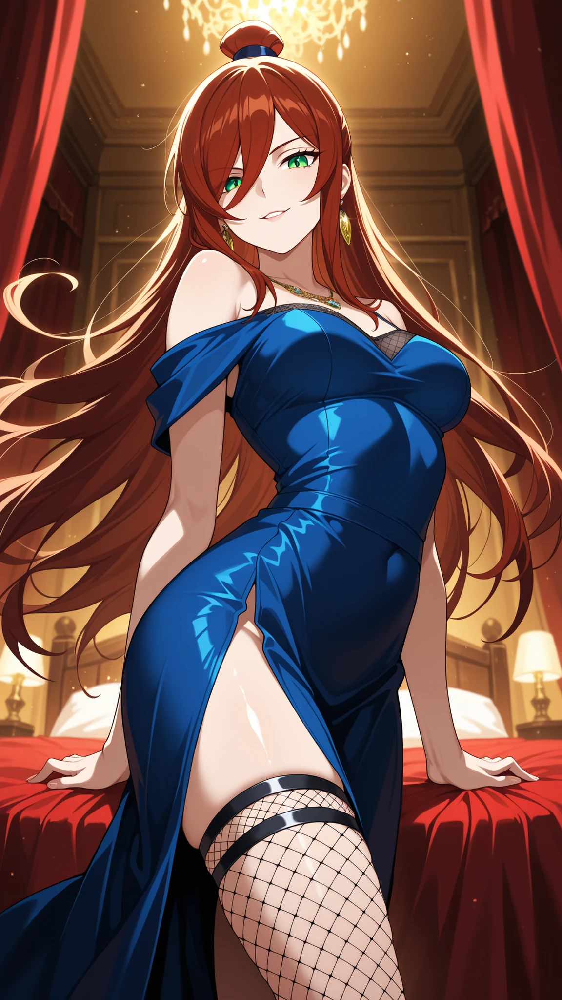 BREAK (masterpiece:1.2), Luxurious erotic room, deep red and crimson velvet curtains, dim candlelight glowing softly, large bed with silk sheets and canopy, golden mirrors reflecting sensual atmosphere, soft shadows, romantic decadent vibe, cinematic composition, ultra-detailed interior, 8K masterpiece digital painting.no people, mei terumi, long hair, brown hair, green eyes, topknot, hair covering one eye, medium breasts,dress, bare shoulders,blue dress,fishnets,long dress,side slit,leg strap,jawerly,earrings,necklace,side slit,leg strap,,looking at viewer,cowboy shot,wide-angel,seductive expression,seductive pose,floating hair,arched back,from below,naught smile