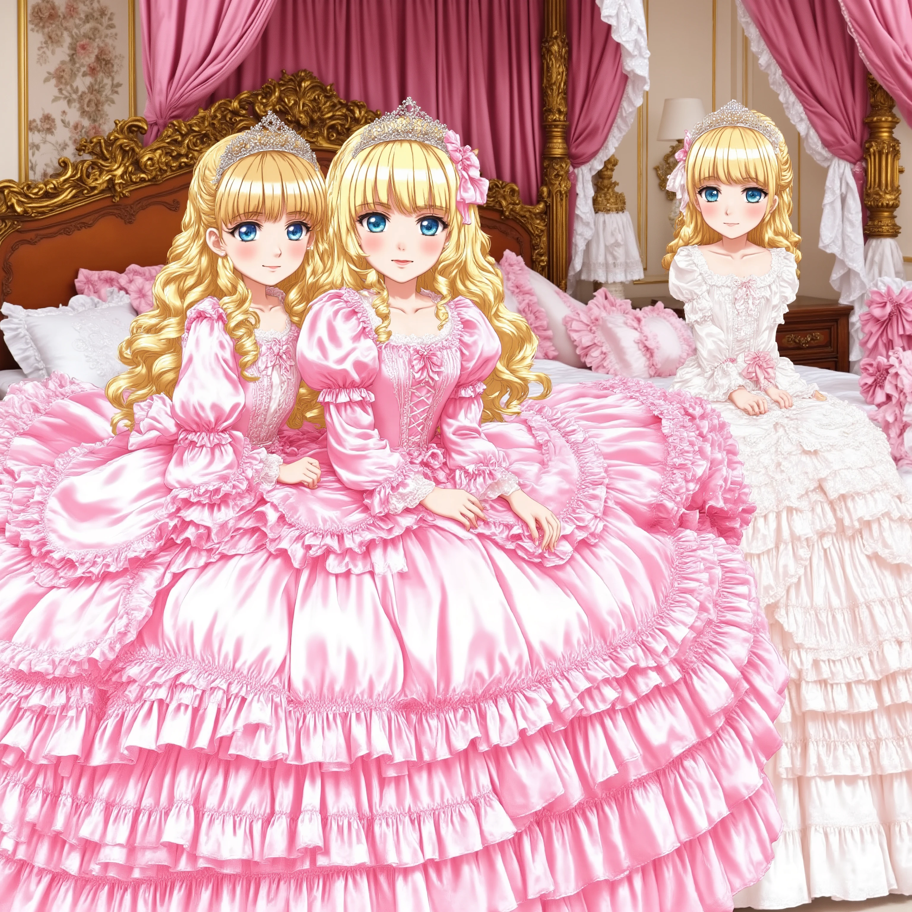 Far Distance,masterpiece, very beautiful, (Anime Coloring, animated screenshot), OFFICIAL ART, illustration, 1990's Anime Style,
1girl, masterpiece, Highest Quality, absurd, OFFICIAL ART, Official Style, Cute Princess, she's smiling,((pink silk satin victorian style large ball gown dress.:1.0)),short,long sleeve,The dress is decorated with lots of ruffles and bows., have waist-length blonde wavy long hair,They wear a princess tiara on their heads Luxury,((Palace Bedroom)),Large Victorian Canopy Bed on the Back,Pink Silk Satin Sheets,((Soft Duvet,Round and bulging Soft Duvet,Ruffle Comforter:1.0)),Silk Satin Ruffle Pillow,Lots of Frilled Pillows on the Bed,