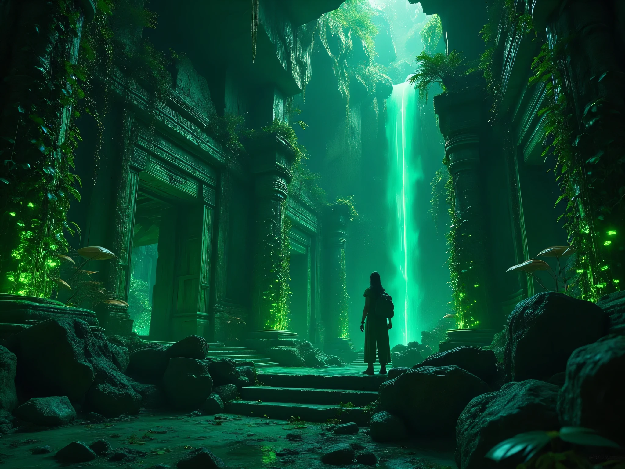 1lady , beautiful female, long tied black hair, Green explore outfit with bag pack, exploring the city of gold ruins, in the big cave room area, underground big cave, room area, full of vines glow berries, lighting from glow berries