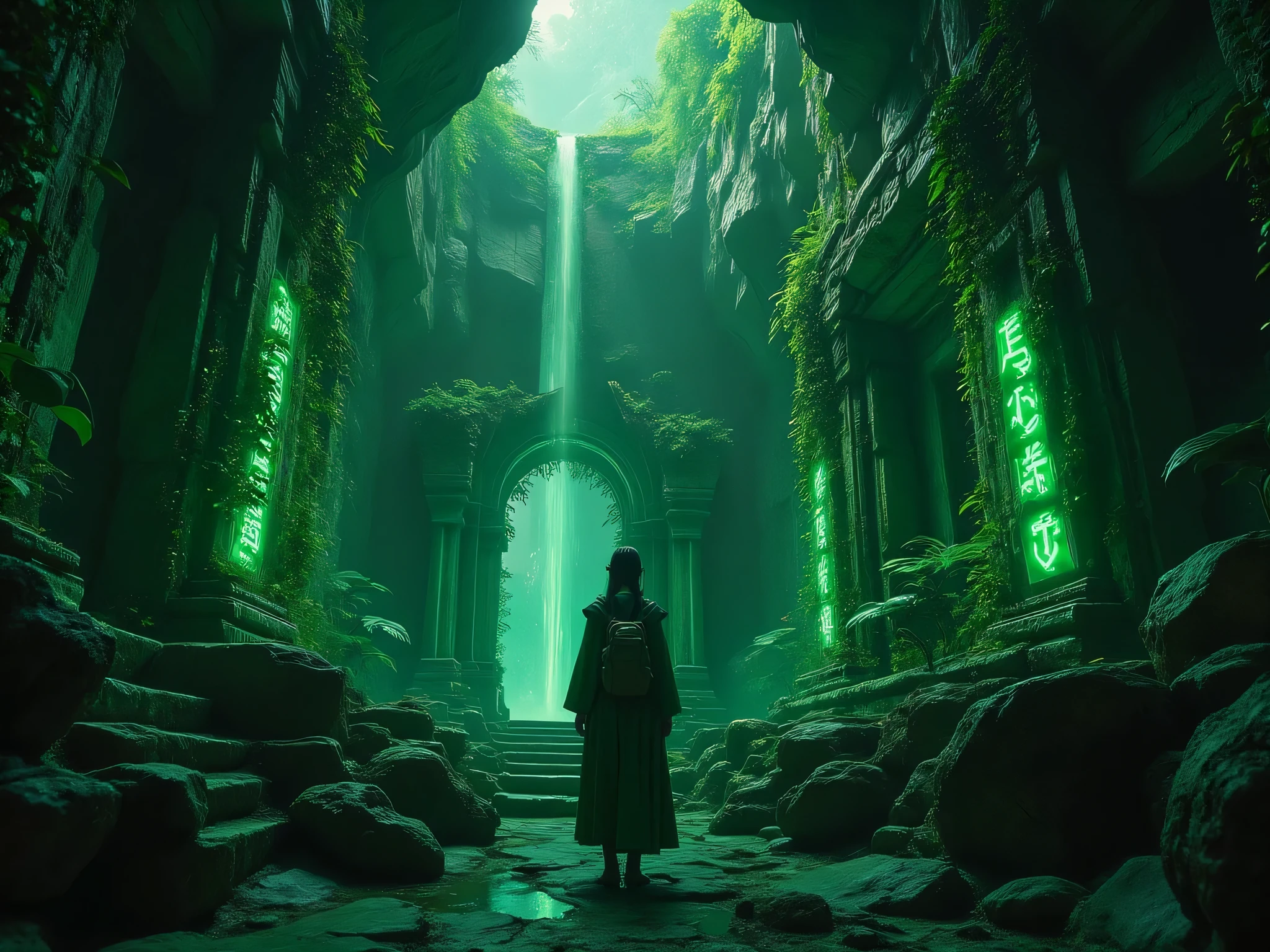 1lady , beautiful female, long tied black hair, Green explore outfit with bag pack, exploring the city of gold ruins, in the big cave room area, underground big cave, room area, full of vines glow berries, lighting from glow berries