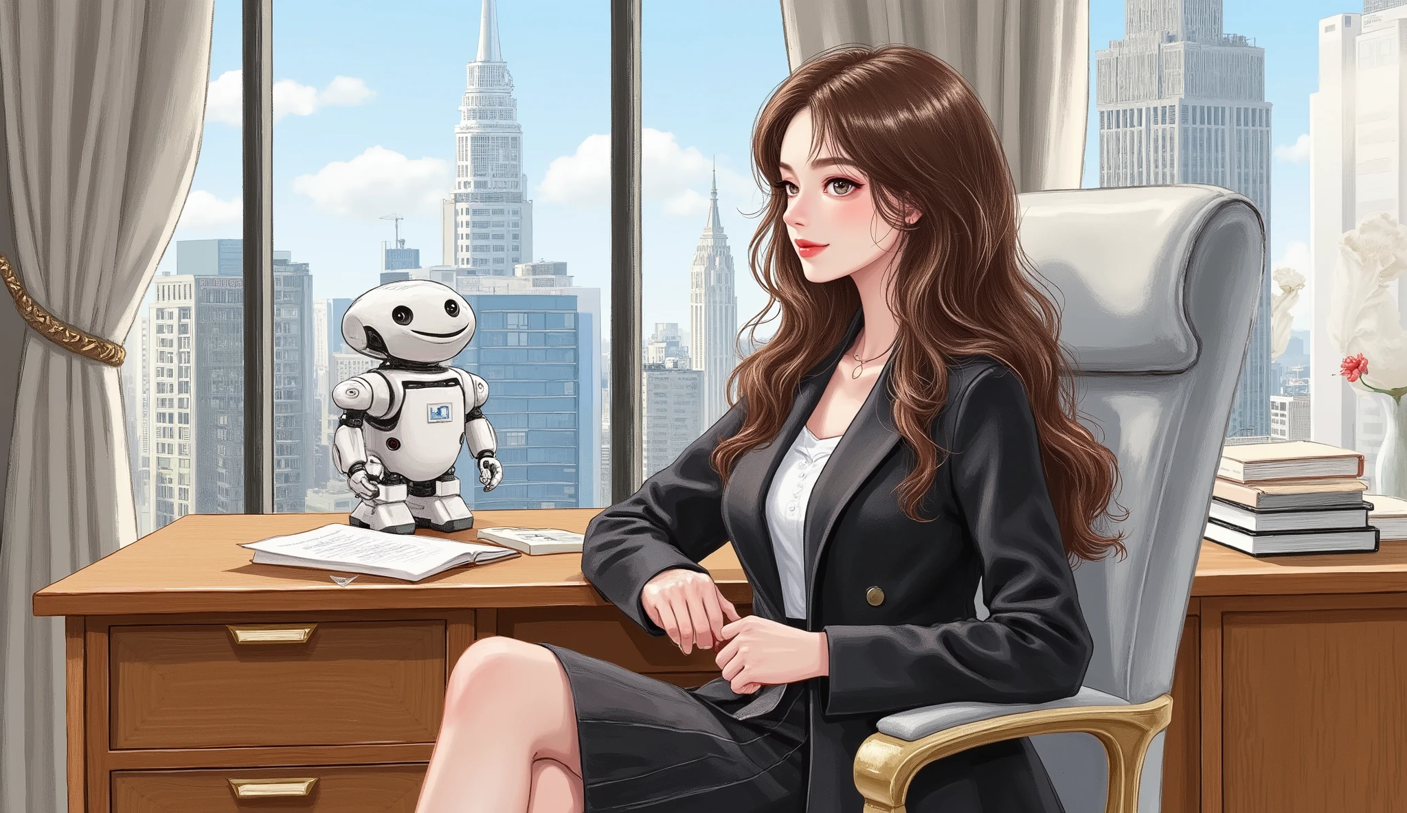 half-body portrait of a beautiful elegant woman around 30 years old, wearing stylish office attire, sitting in a modern executive office. Beside her is a small cute mini robot, like a system assistant from a romance novel. Semi-realistic + manhwa style, natural Douyin makeup, fair skin, clear and detailed facial features. Background: luxury executive office with large desk, glass windows, professional atmosphere.
