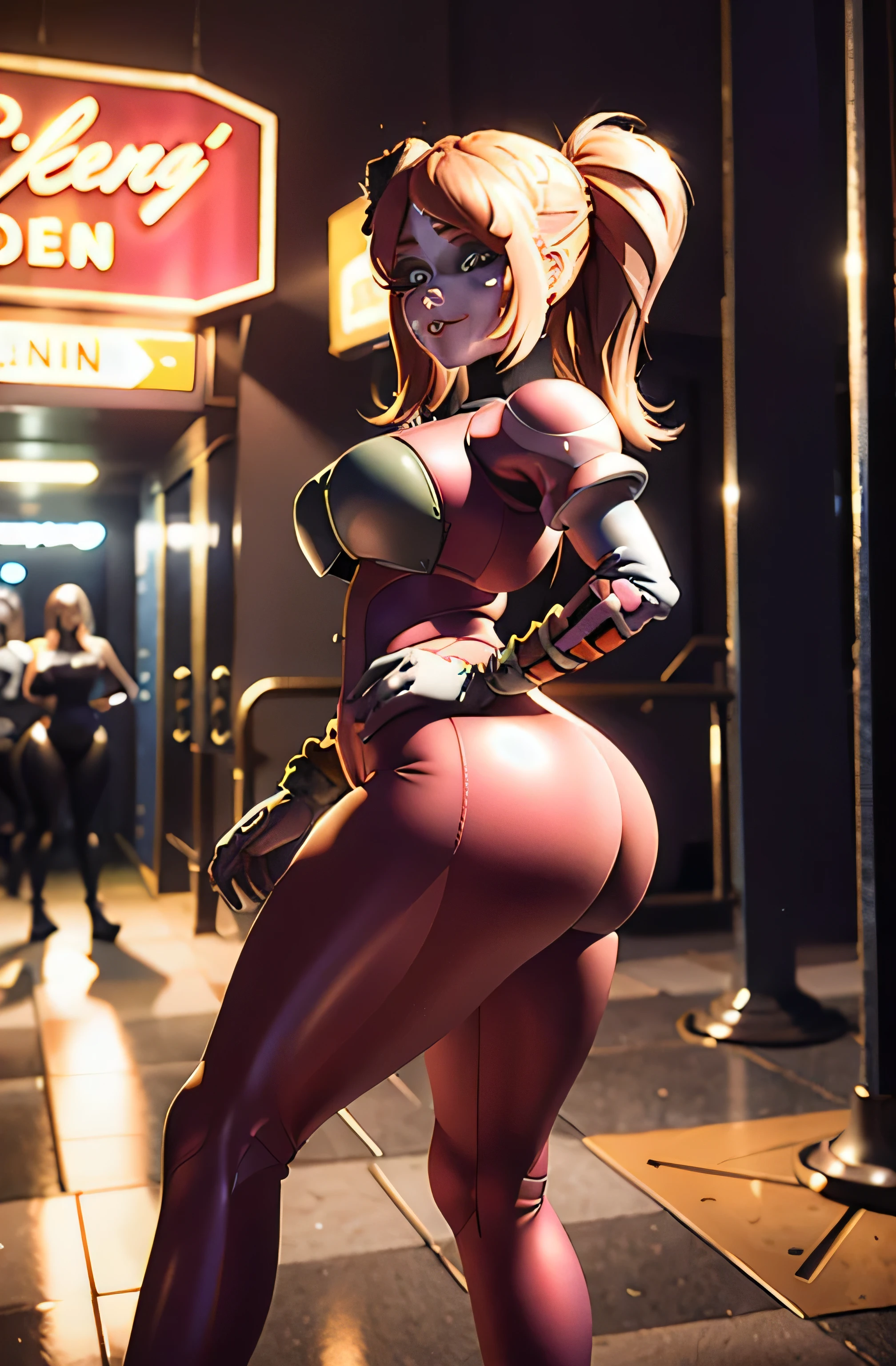 8K, High resolution, la mejor calidad, a girl,caramel, Evening, street, Store light , muslos grandes, She wears tight leggings, big dinners, Her thighs are bigger, full body , her leggings are tighter and more detailed, She stretches her legs, She shows off her big butt, She touches her legs , She wears a very tight suit , They touch her body,
