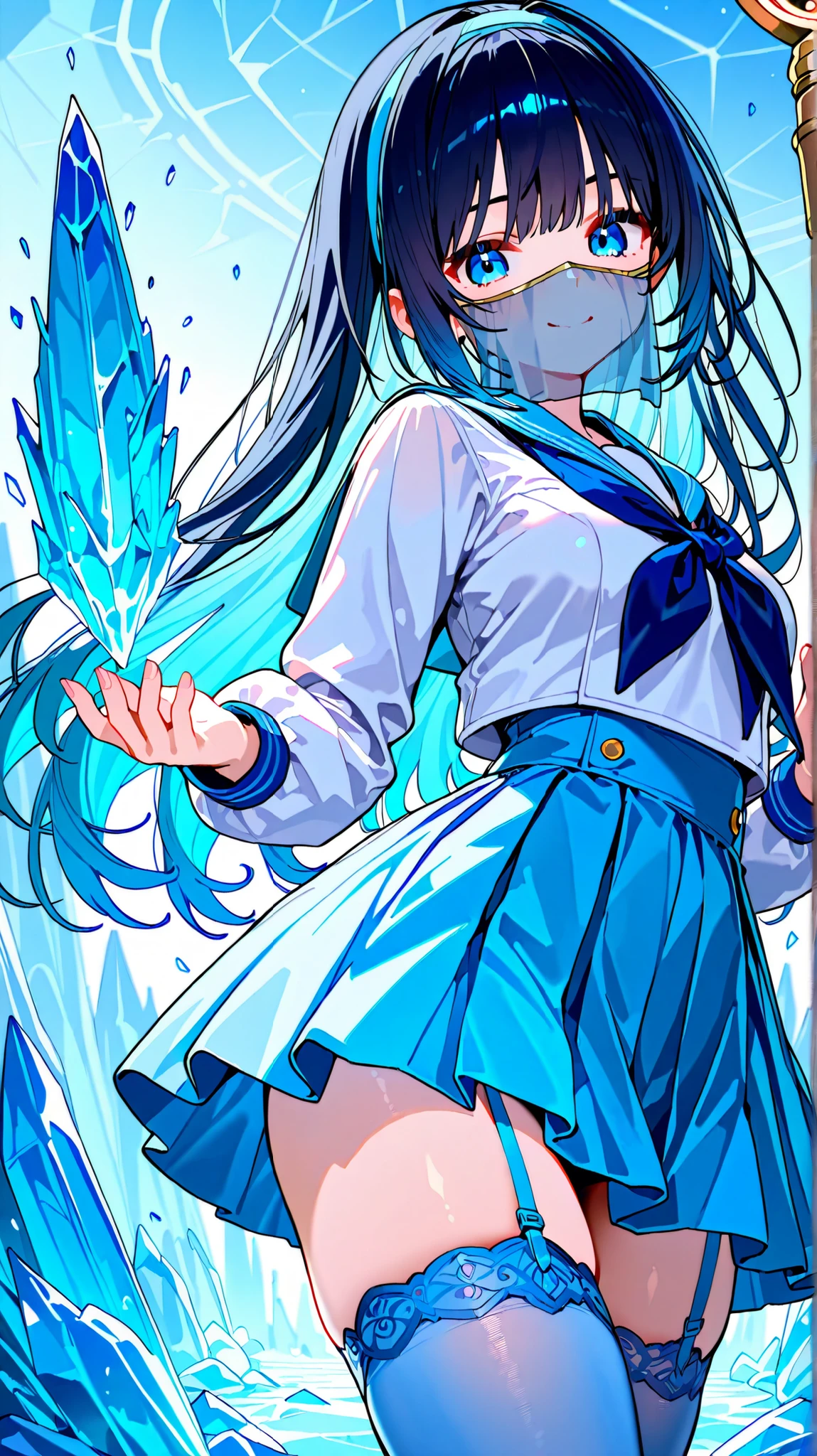 sailor uniform, (light blue sailor suit:1.4), (light blue skirt:1.4), break, (((dark haired, long hair))), light blue stockings, light blue garter belt, mouth veil, (light blue hair band:1.4), (Ice Palace:1.4), (Smile Yan), (((I have a magic stick))), ((very elaborate animated 2D rendering)), perfect anatomy, detailed clothing, HDR, cinematic lighting See, cowboy shot, break, blue eyes,
