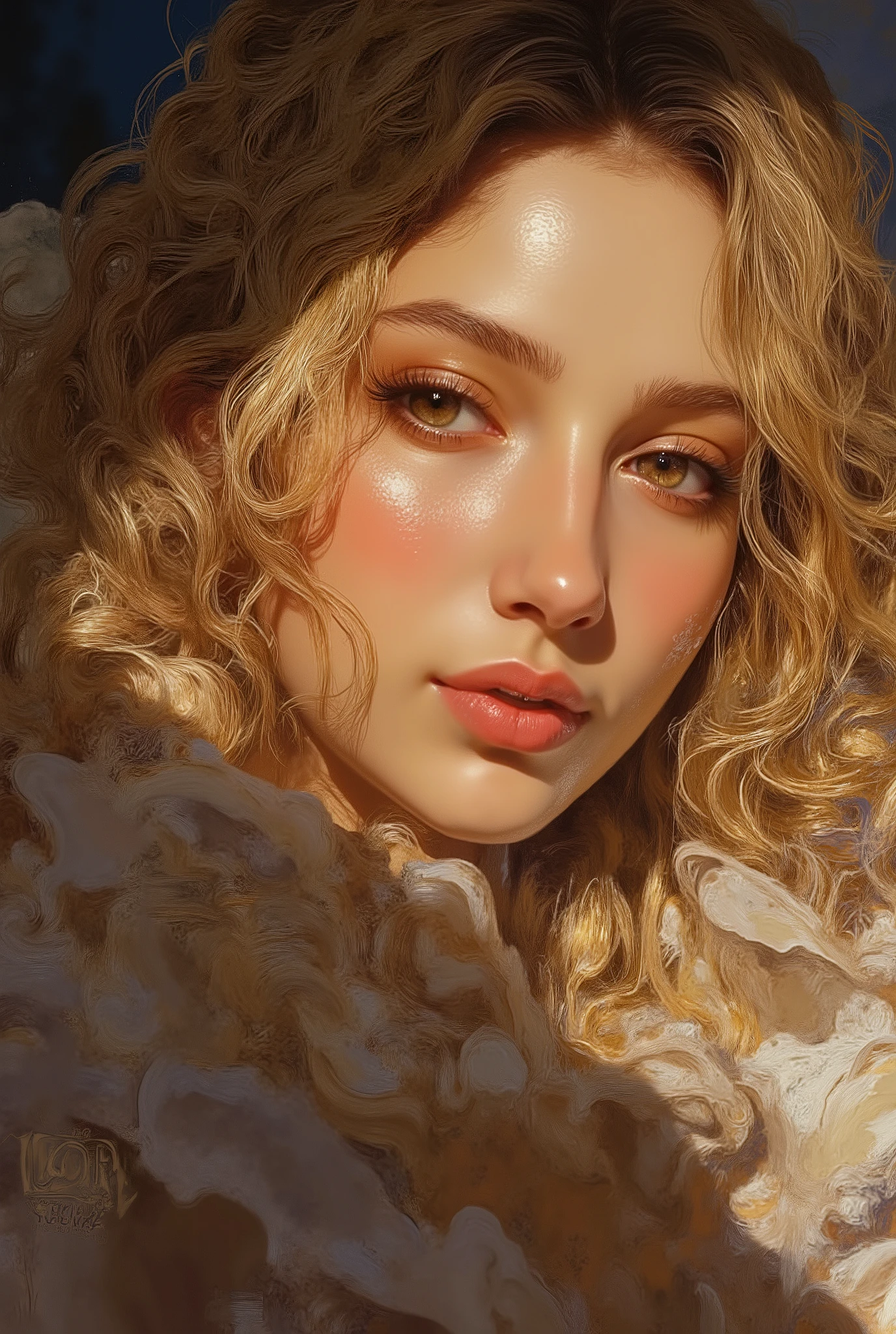 impasto, cool style, soft monet bl manhwa brush painting style, (detailed eyes=1.2), skin, high quality, extremely detailed, extremely delicate line, amazing color, masterpiece, 1 woman, chubby, sexy, handsome, long blonde hair, , lower, slightly parted lips, handsome, clothes, lying on the bed, night shadow, focus on his face, overhead shot, perfect background, pixiv art, wrinkled eyes,