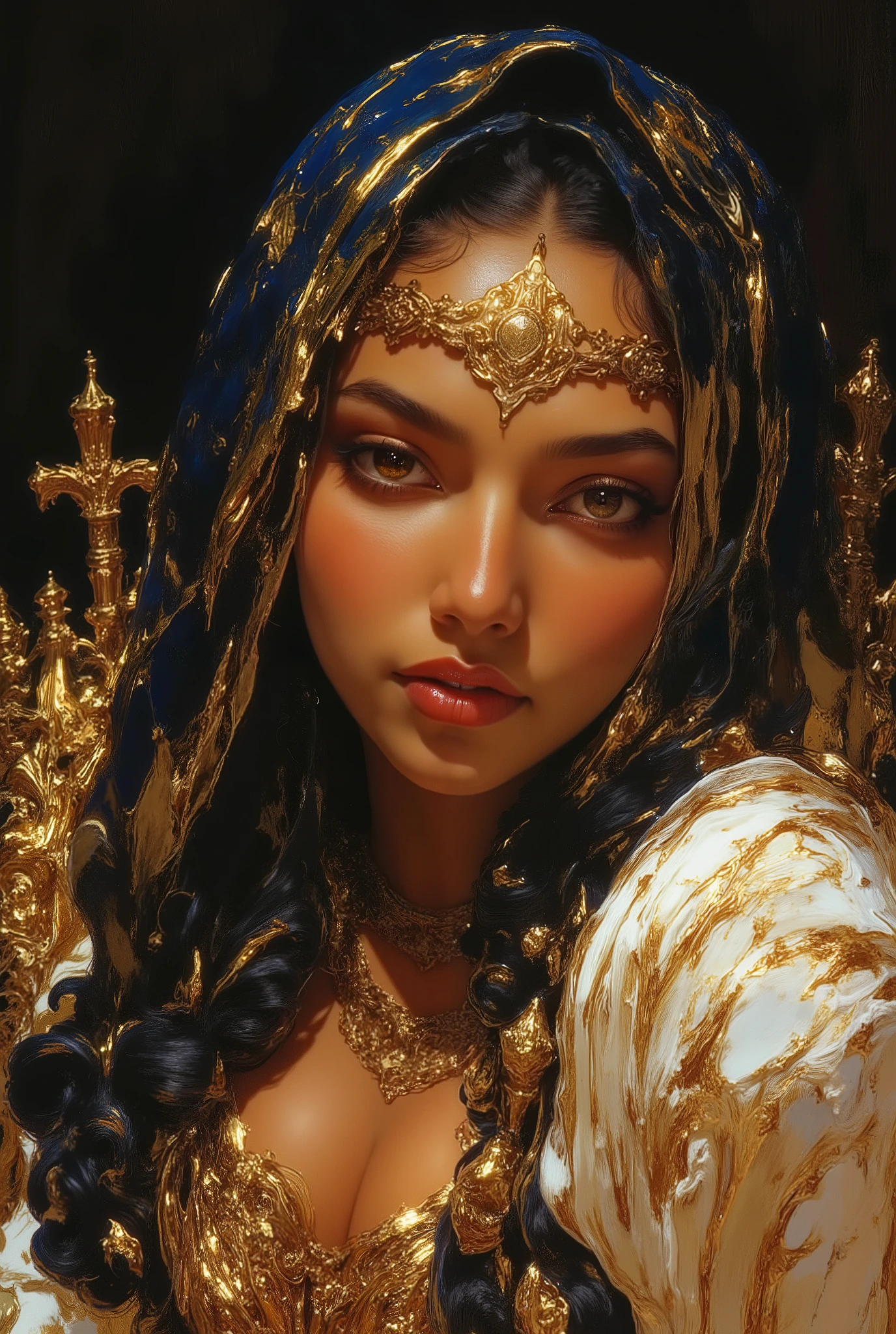 impasto, cool style, soft monet bl manhwa brush painting style, (detailed eyes=1.2), skin, high quality, extremely detailed, extremely delicate line, amazing color, masterpiece, 1 woman, female, arabic, dark tanned skin, chubby, sexy, handsome, Islamic headscarf, , lower, slightly parted lips, handsome, clothes, lying on the bed, night shadow, focus on his face, overhead shot, perfect background, pixiv art, wrinkled eyes,