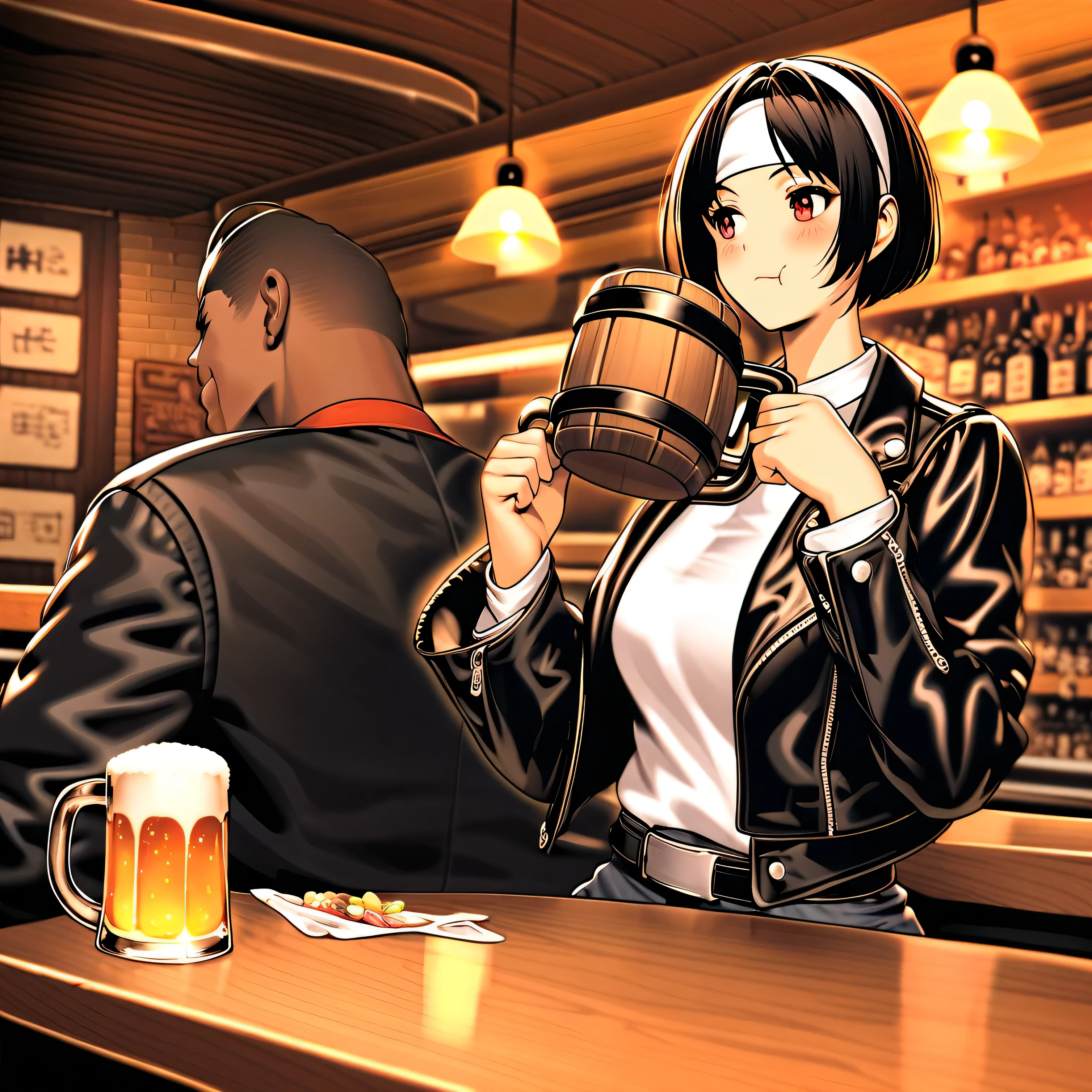 1girl, rougir, shorT hair, franges, shirT, cheveux noirs, yeux rouges, manches longues, 1 garçon, tenant, siTTing, closed mouTh, jackeT, whiTe shirT, bandeau, nourriture, open cloThes, belT, panTs, intérieur, peau foncée, cheveux mi-longs, épaules dénudées, looking aT anoTher, open jackeT, tasse, black jackeT, bandeau, eaTing, Table, tenant nourriture, tenant tasse, Alcool, verre à boire, whiTe bandeau, :T, tasse, leaTher, bière, bière tasse, bar \(endroit\), whiTe bandeau, resTauranT, ceiling lighT