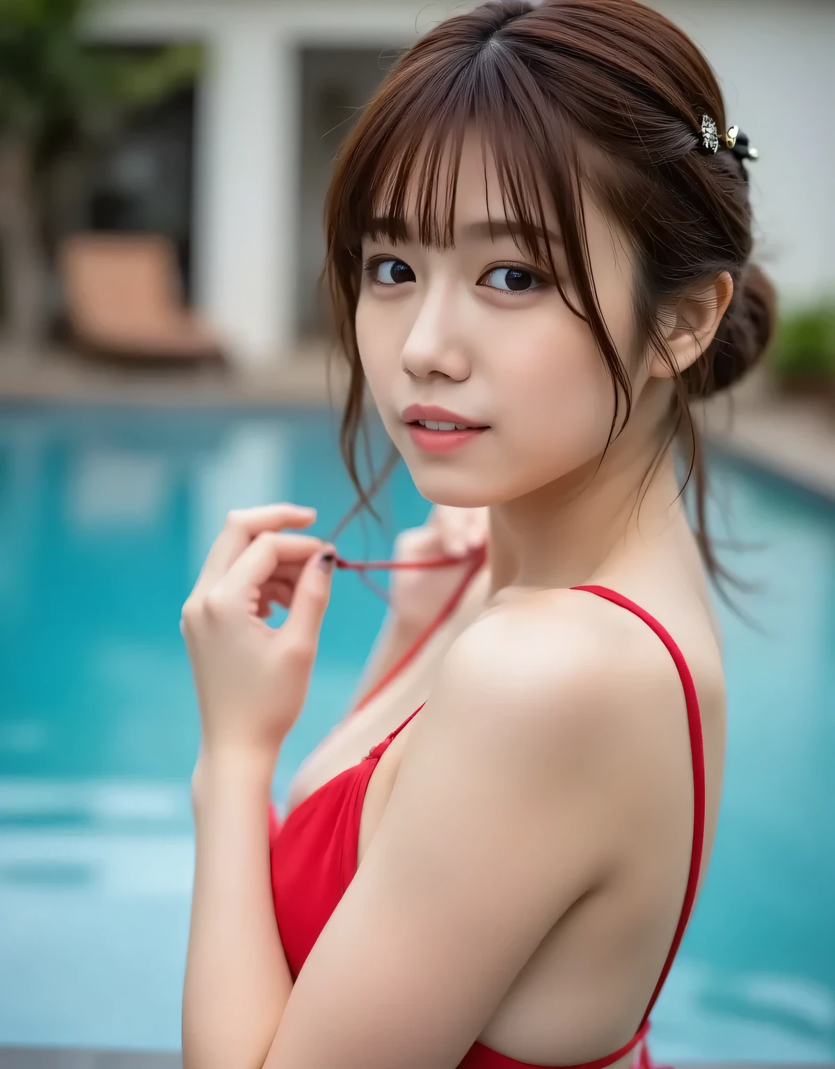 Highest Quality,8K quality,1 Beautiful Girl,facing sideways,Aqua red bikini,perfect style,Upper body image,poolside