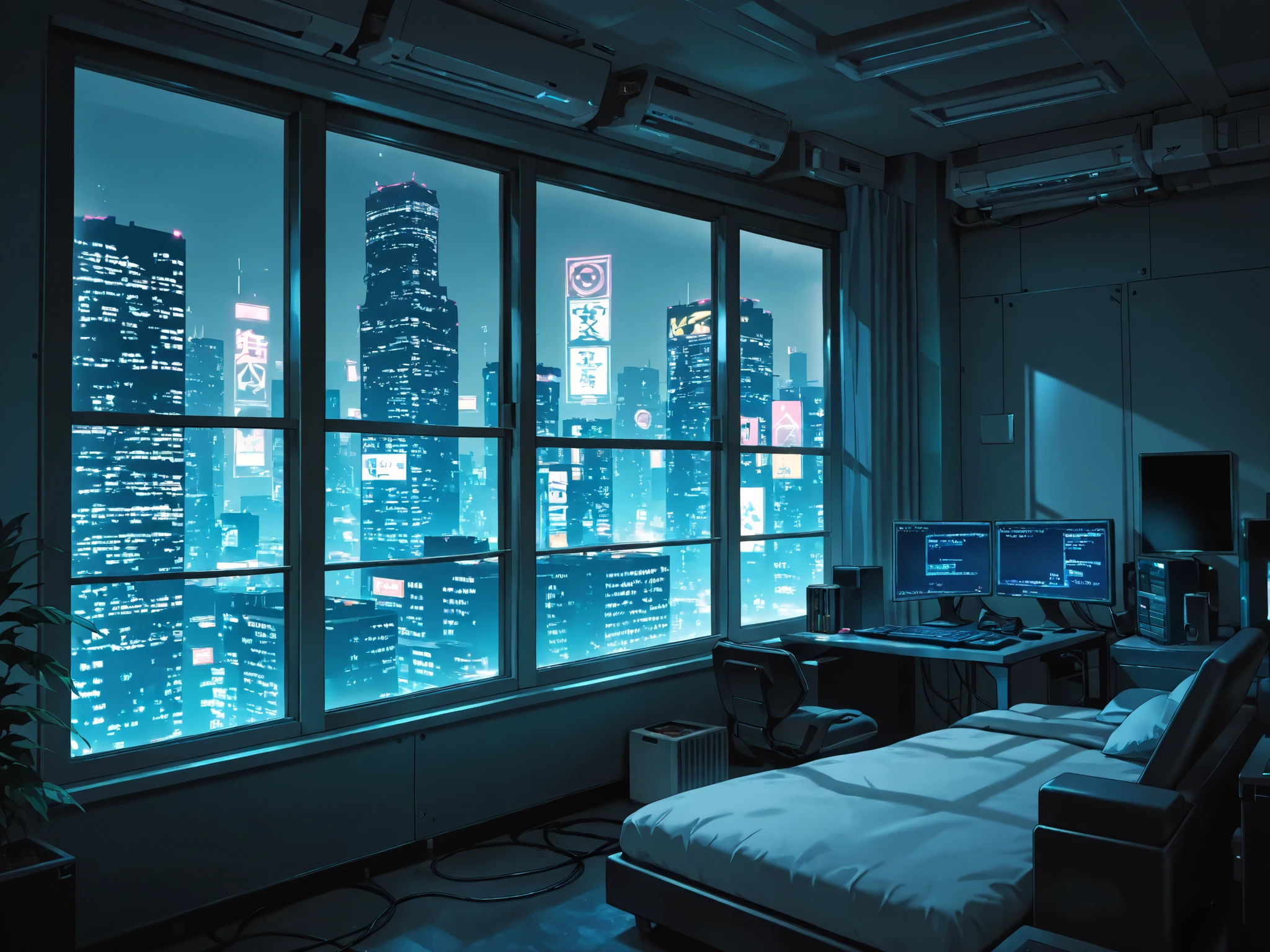 An empty room in a building with a gaming computer and a large window in the background showing a city, cyberpunk style
