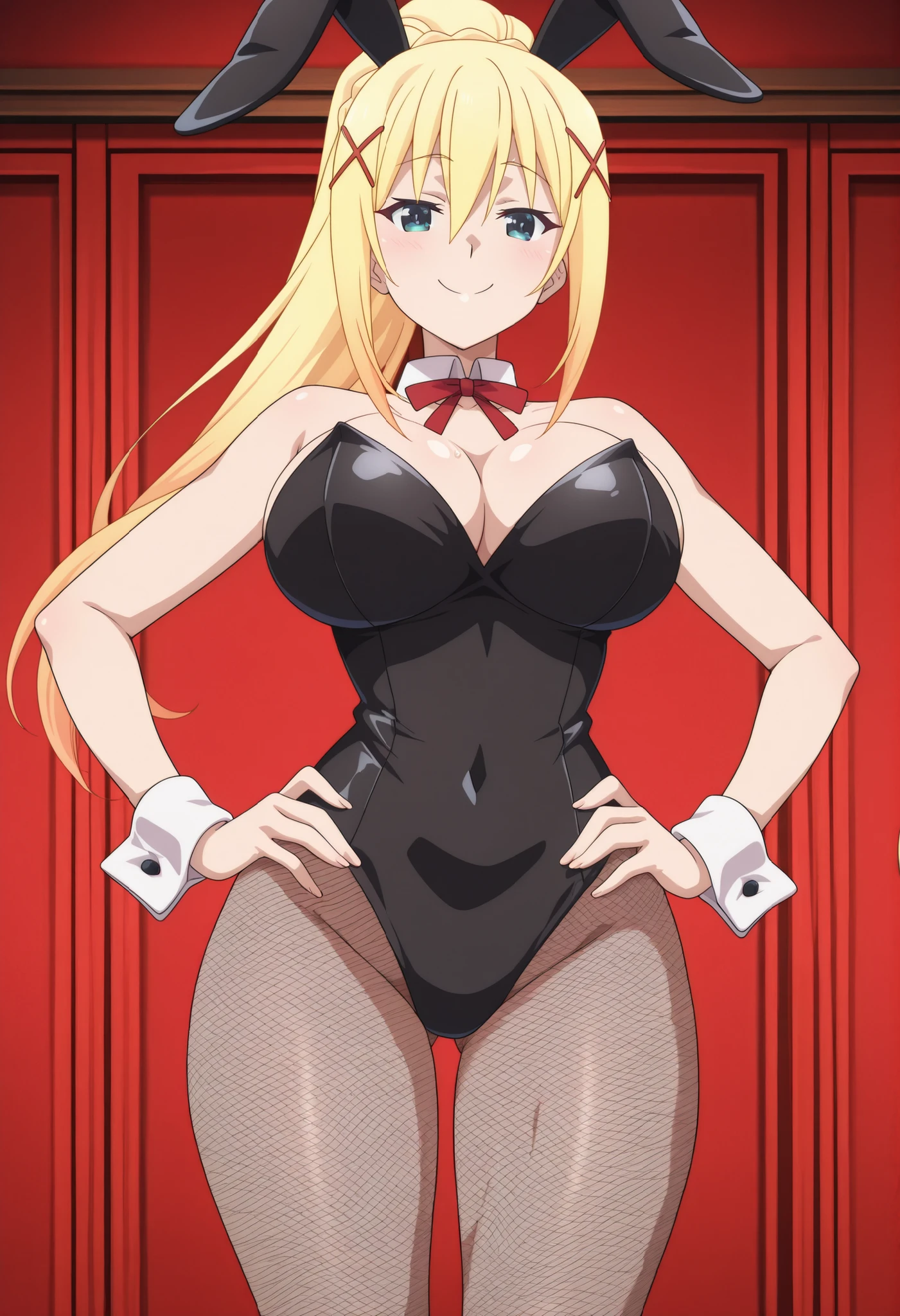 Darkness(Konosuba), blonde hair, long hair, ponytail, Darkness-Liver020, , red ribbon, x hair ornament, Darkness-Liver020, blue-green eyes ,big breasts, athletic body, mature, tall, masterpiece, bare shoulders, detailed, hot, looking at viewer, Accurate, Anatomically Correct, Detail, anime, anime style, anime art style, anime screencap, black bunnysuit, bunny collar, fishnet on legs, black bunny ears, wide hips, thick thighs, blushed, smiling, red room, red background, dynamic pose, charming,, dynamic pose, standing. hands on hips,