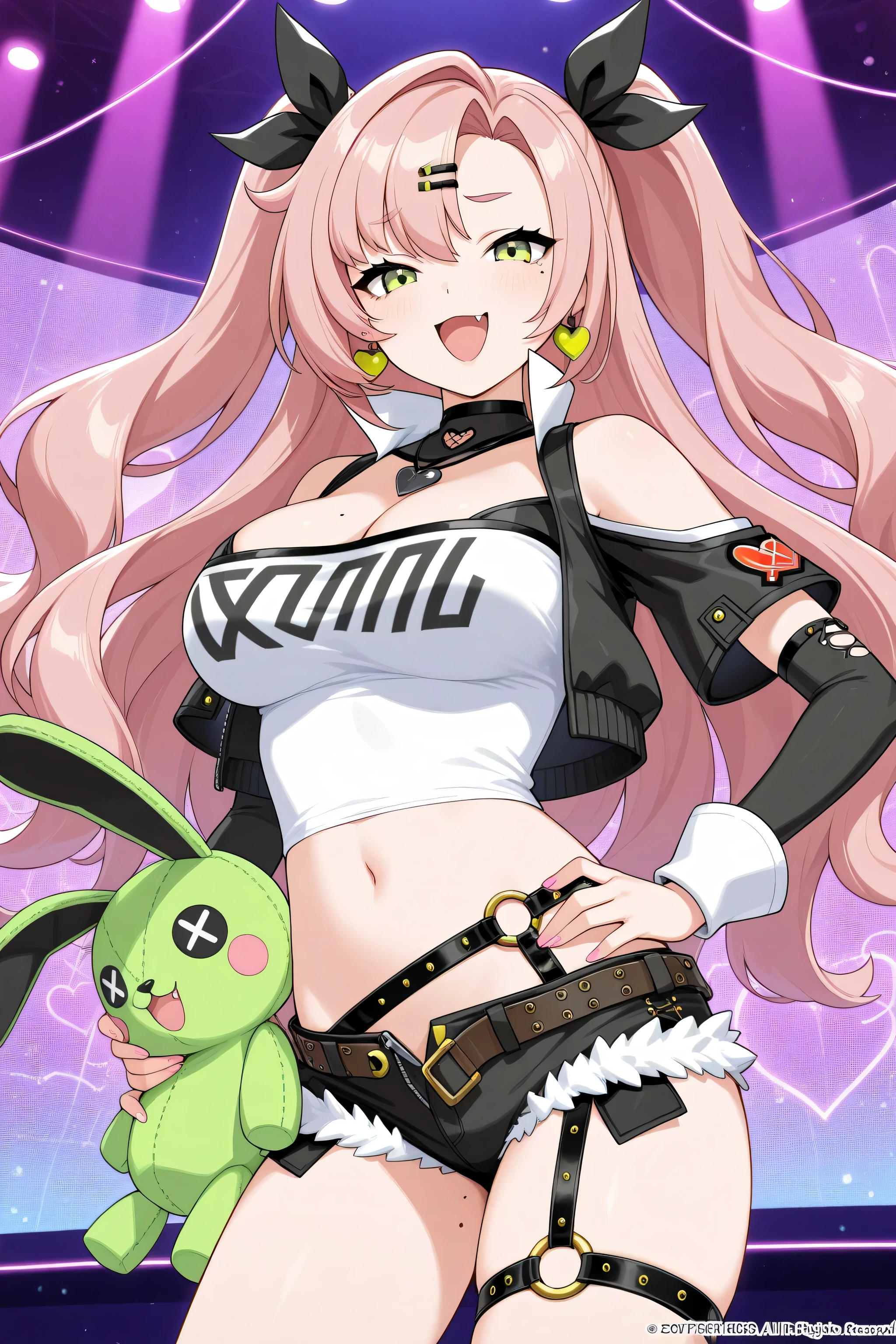 1girl, solo, long hair, breasts, looking at viewer, smile, open mouth, large breasts, hair ornament, shirt, ribbon, navel, cleavage, twintails, bare shoulders, jewelry, green eyes, hair ribbon, jacket, pink hair, :d, heart, cowboy shot, detached sleeves, earrings, open clothes, shorts, choker, hairclip, midriff, fang, belt, official art, necklace, mole, two side up, hand on own hip, short shorts, crop top, mole under eye, black ribbon, thigh strap, stuffed toy, stuffed animal, black shorts, black choker, cropped jacket, single mole on breast, key, cutoffs, heart earrings, lock, heart necklace, heart choker, mole on thigh, nicole demara,