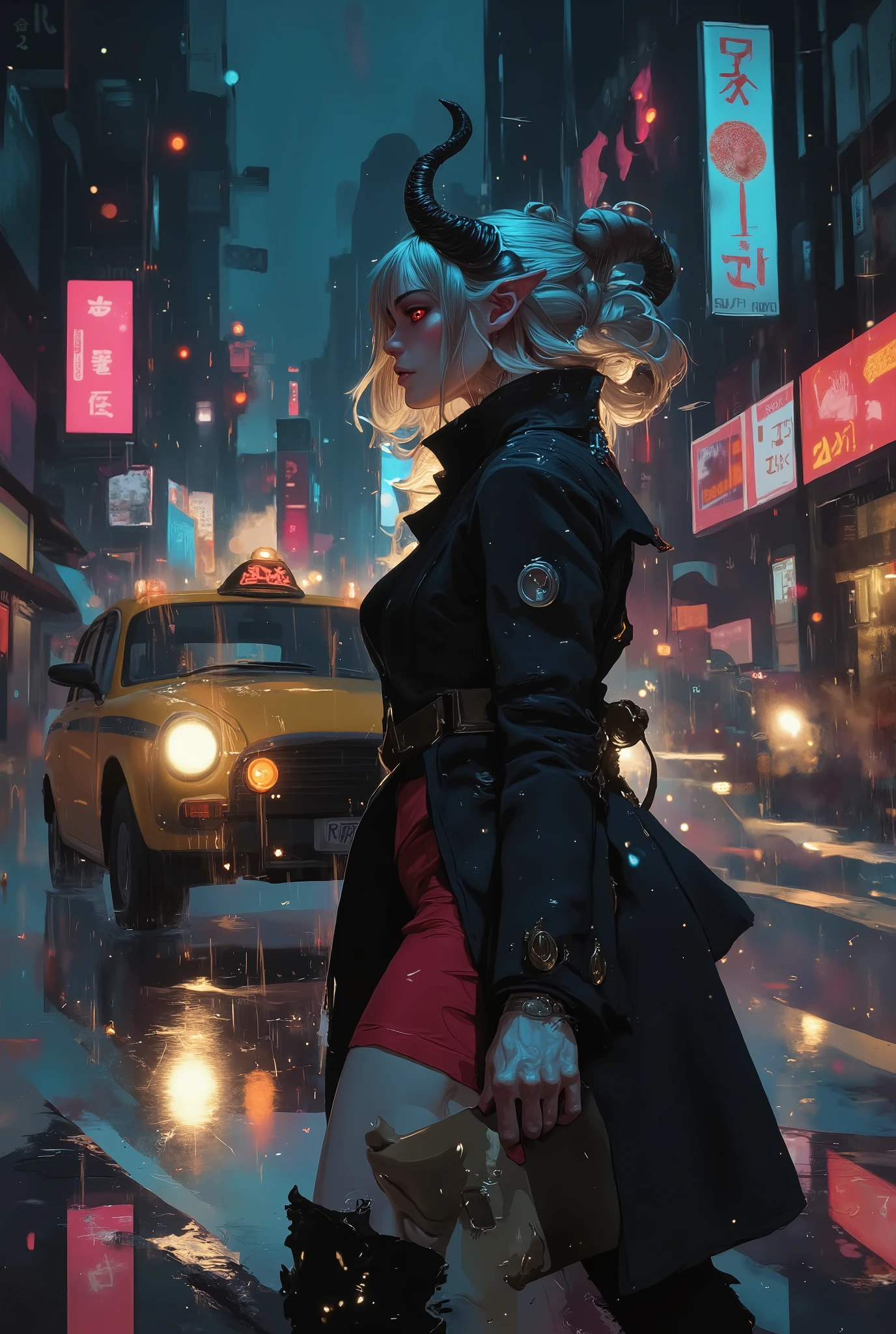 Masterpiece, best quality, ultra-detailed, photorealistic, 8K. A stunningly beautiful demoness with pale skin and intelligent crimson eyes is crossing a rain-slicked city intersection at night. Her long, silver hair is damp from the drizzle. Two elegant, twisted onyx horns curve from her temples. She is dressed in a tailored, modern black trench coat over a sleek crimson dress, blending fantasy with high fashion. The scene is dynamic: she is caught mid-stride under the glow of neon signs ("Ramen", "24/7") and traffic lights reflecting on the wet asphalt. A taxi's headlights blur past her, creating light trails. In one hand, she holds a smartphone, its screen illuminating her focused face; in the other, a simple paper coffee cup from a generic cafe. The atmosphere is cinematic, moody, and vibrant, capturing a moment of supernatural existence in mundane urban life. Depth of field, sharp focus on the character, motion blur on the moving car. Style: cinematic photography, realistic, dramatic lighting, Volumetric lighting.