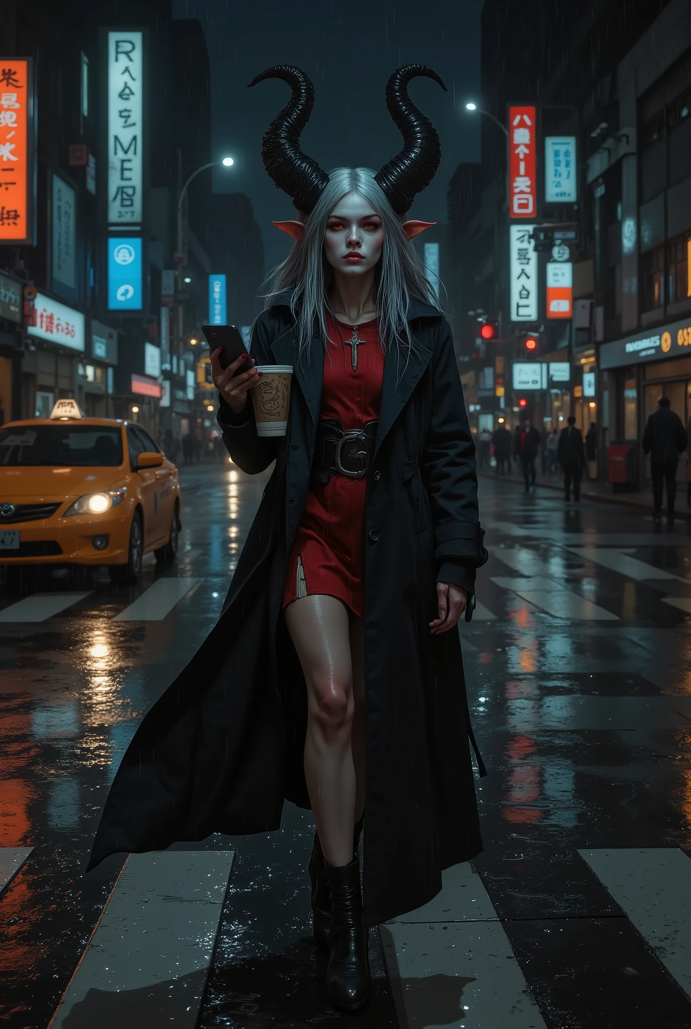 Masterpiece, best quality, ultra-detailed, photorealistic, 8K. A stunningly beautiful demoness with pale skin and intelligent crimson eyes is crossing a rain-slicked city intersection at night. Her long, silver hair is damp from the drizzle. Two elegant, twisted onyx horns curve from her temples. She is dressed in a tailored, modern black trench coat over a sleek crimson dress, blending fantasy with high fashion. The scene is dynamic: she is caught mid-stride under the glow of neon signs ("Ramen", "24/7") and traffic lights reflecting on the wet asphalt. A taxi's headlights blur past her, creating light trails. In one hand, she holds a smartphone, its screen illuminating her focused face; in the other, a simple paper coffee cup from a generic cafe. The atmosphere is cinematic, moody, and vibrant, capturing a moment of supernatural existence in mundane urban life. Depth of field, sharp focus on the character, motion blur on the moving car. Style: cinematic photography, realistic, dramatic lighting, Volumetric lighting.