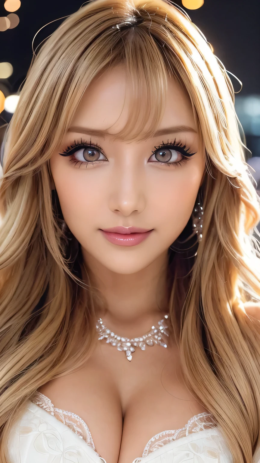 (Cowboy Shot、Best Quality、8k、Award-winning works、Ultra-high resolution)、Beautiful woman、(A  dress showing off her perfect,  cleavage:1.1)、Perfect big breasts、(blonde:1.1)、Bright color contacts、Perfect Makeup、Bright and shiny lipstick、(Very heavy gyaru makeup:1.2)、(Dark brown beige around the eyes:1.1)、Beautiful bright eyeshadow、Heavy makeup around the eyes、(Huge :1.2)、Very long wavy hair、(Romantic affection:1.1)、The best smile when he sees me、(Most people emphasize their body lines..:1.1)、(Strongly blurred and vivid luxury hotel night pool background:1.1)、(Strongly blurred background:1.1)、Accurate anatomy、Ultra HD Hair、(Ultra-high resolutionの完璧な美しい歯:1.1)、Beautiful faces in ultra-high definition、Ultra HD Hair、See-through bangs、Ultra HD Shining Eyes、輝くUltra-high resolutionの美肌、Ultra-high resolutionの艶やかな唇、Harry Winston Necklace