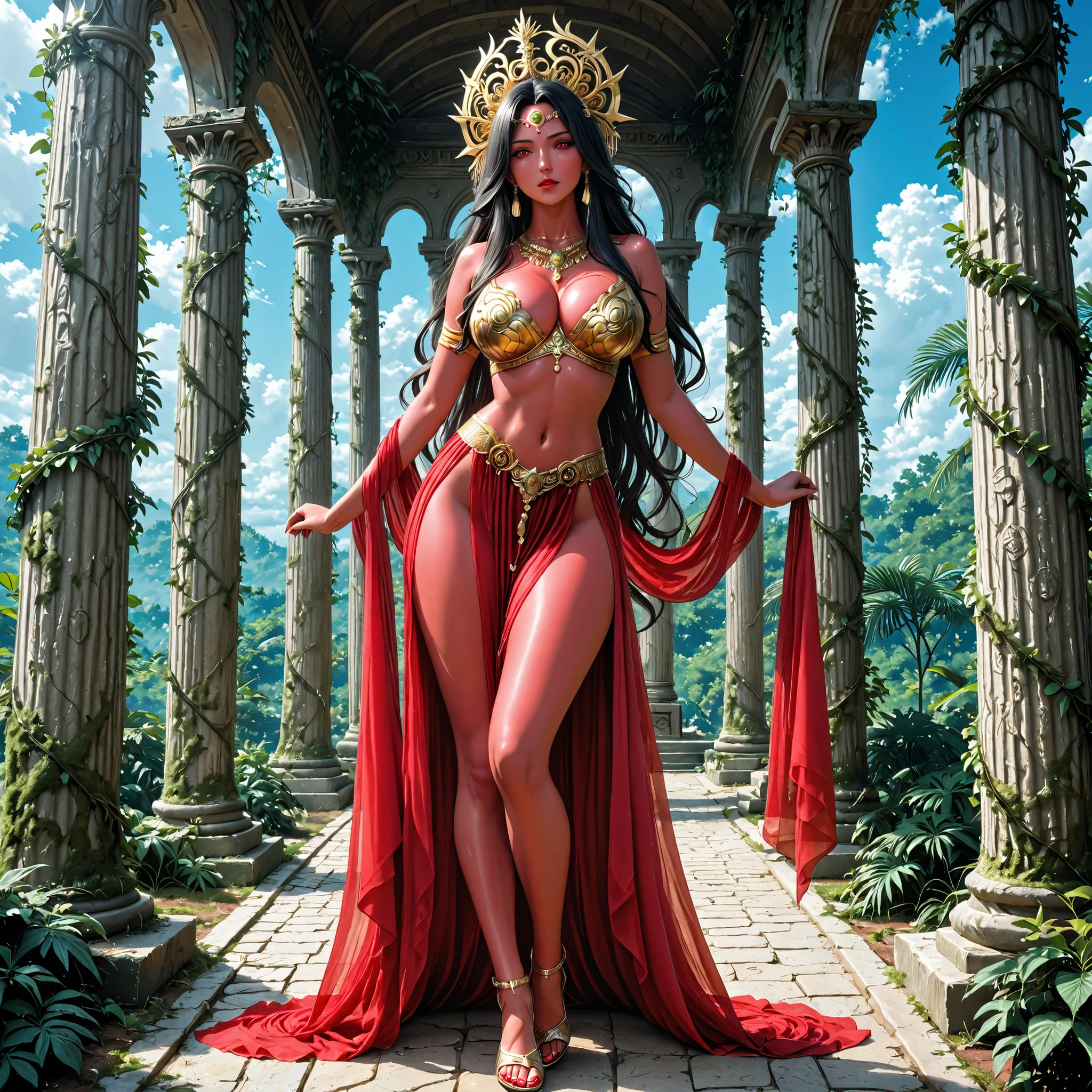 Goddess Durga standing tall amidst ancient stone pillars draped in jungle vines within an ornate cloud temple, her ethereal presence radiating serene divinity. Her fair skin glows with photorealism, revealing delicate textures beneath intricate golden jewellery adorning her neck, arms, and ankles, while a majestic crown rests upon her long, flowing black hair. Vivid, large eyes gaze compassionately downward at her voluptuous form which reveals her wide fertile hips and thick shapely thighs beneath her scanty ochre-red skirt. Her divine figure embodies fertile abundance: immense overflowing breasts strain against a push up bra while her huge rounded rear and powerfully curved legs anchor her motherly-yet-firm stance against his desperate embrace. Mist curls around moss-covered carvings as hyperdetailed gold ornaments catch soft light, every fold of fabric and strand of hair rendered in mesmerizing 8K UHD clarity against the temple’s weathered stone backdrop.