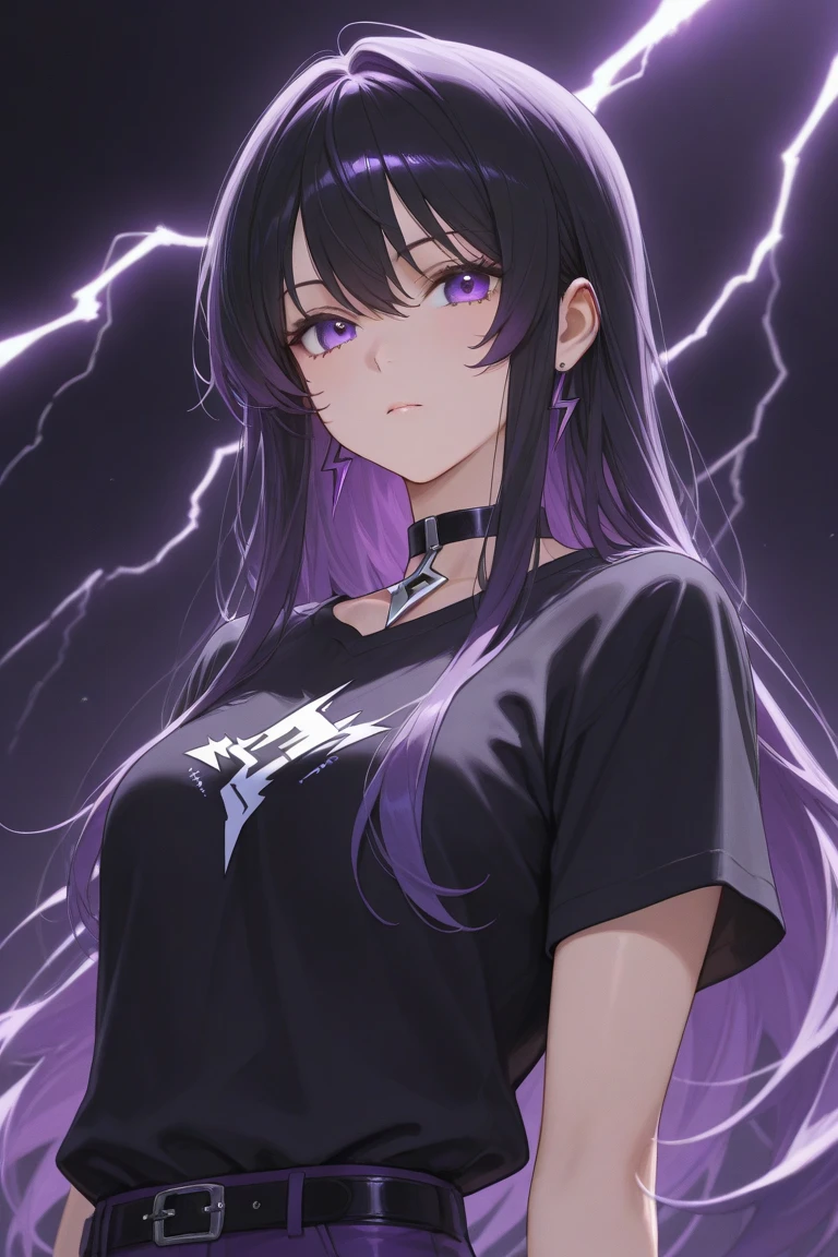 Anime woman from the back with straight hair and purple locks looking sideways in profile with purple eyes and a black lirada type t-shirt , in the best quality on black background 