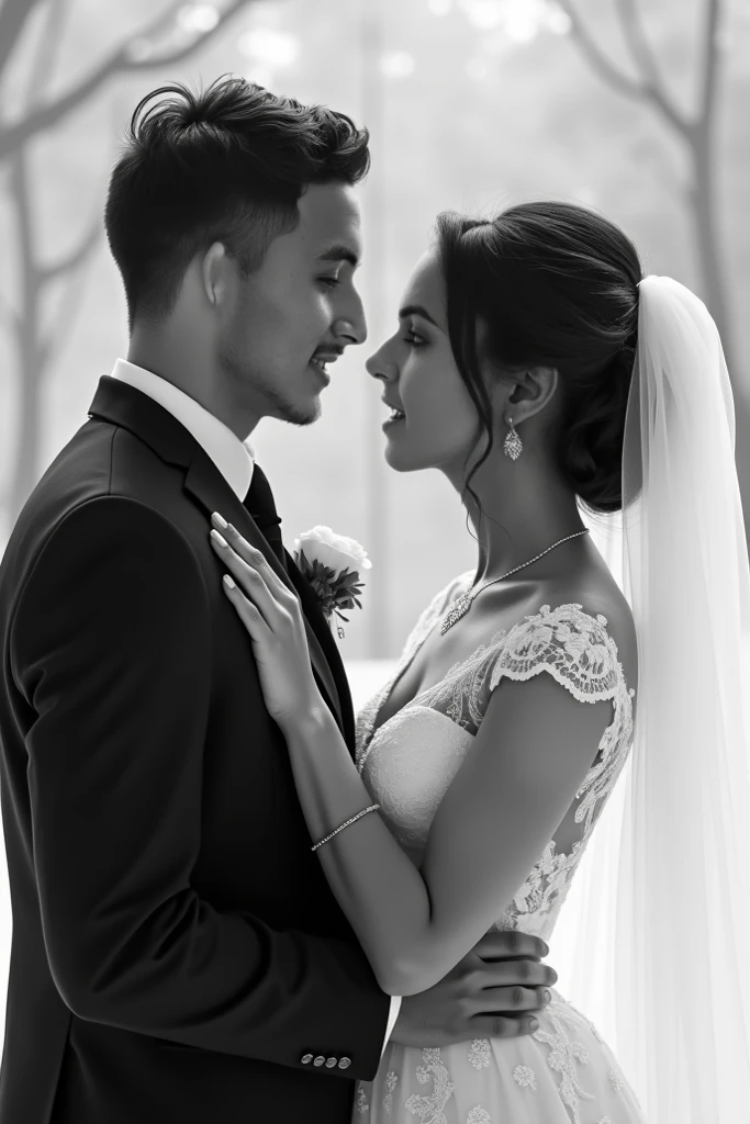 a close up of a bride and groom looking at each other, wedding photography, b&w photo, bride and groom, happy couple, high details, professional wedding photography, black and white photo, from the side, dramatic details, by Alexander Fedosav, a black and white photo, look at all that detail!, detailed portrait shot, candid portrait photo