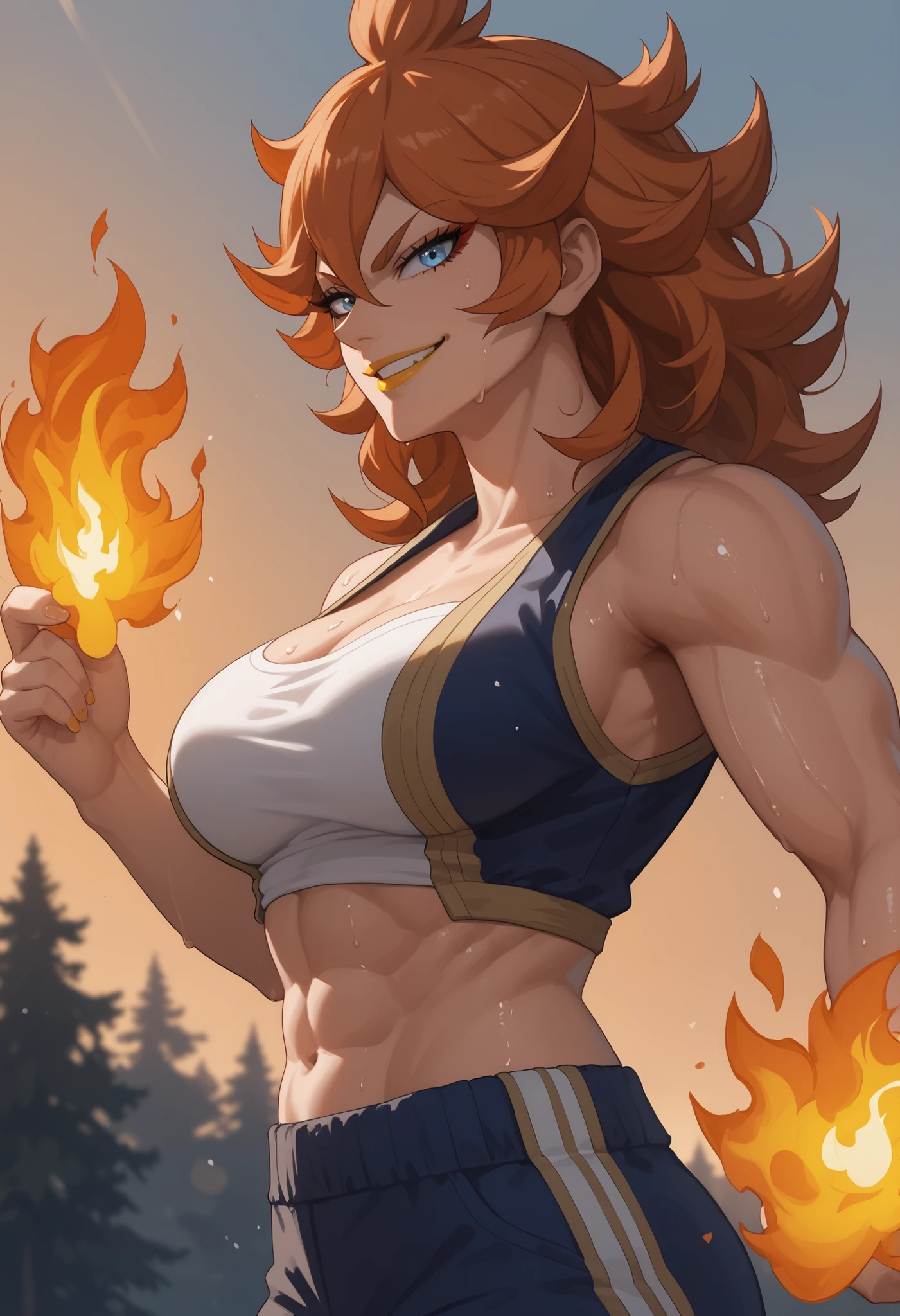 woman, large breasts, anime style, yellow lipstick, white skin, blue eyes, orange hair, strong, strong physique, fire, fighter, side view, sweating, training, looking at viewer, smile, sunset lighting, warm lighting, training camp, fire energy, white band across breasts, exposed midriff, no top, thin waist, open arms, Mereoleona Vermillion