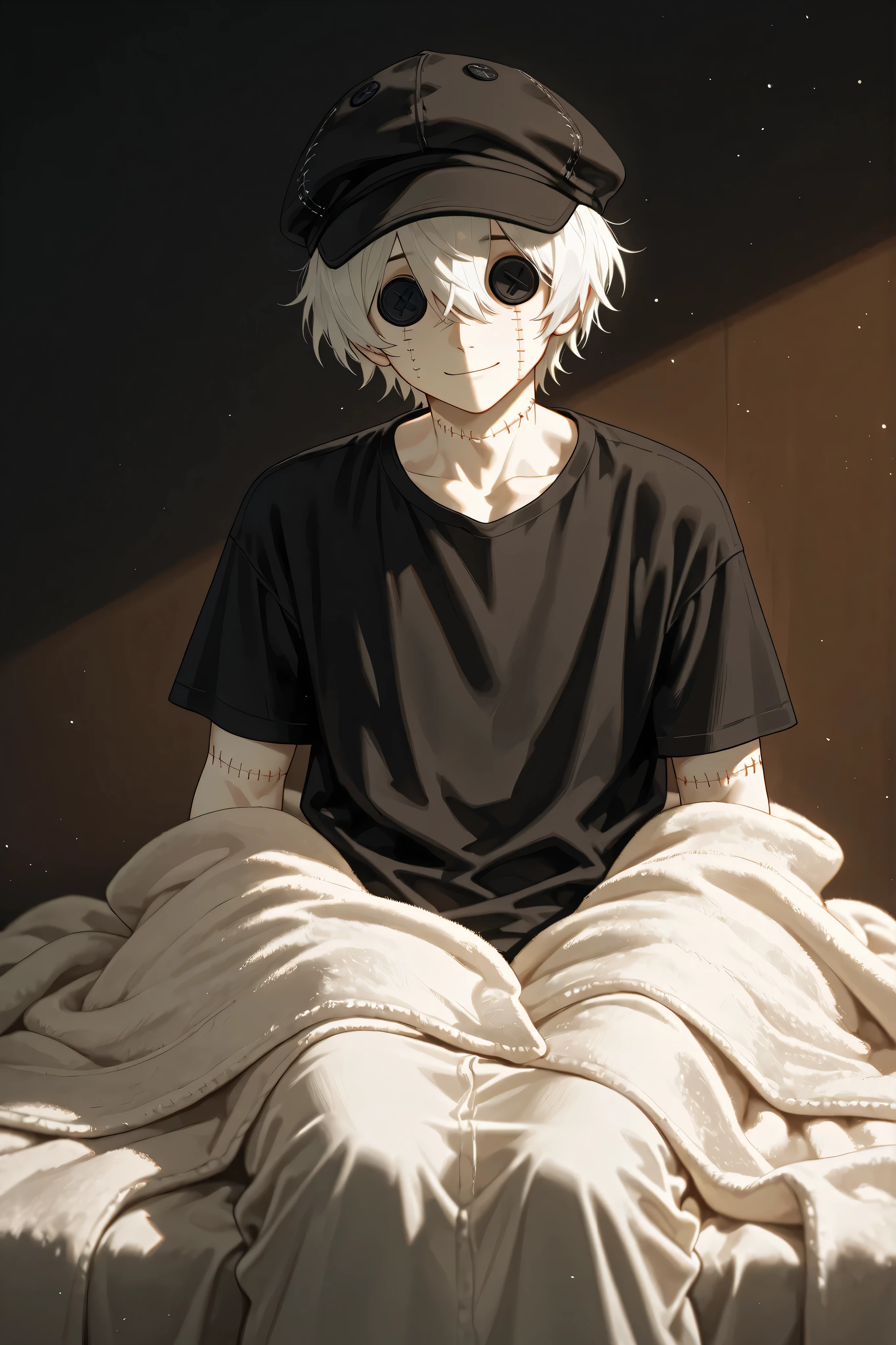 guy, guy это кукла, the doll looks like a person, gentle expression, directed to the sky, plush body, the doll is made of felt, A gentle and warm atmosphere, (white leather), stitches on the body, eyes are made of buttons, instead of button eyes, wearing a black T-shirt that covers the neck, you have white hair like humans, A light smile on her face, black hat on my head.