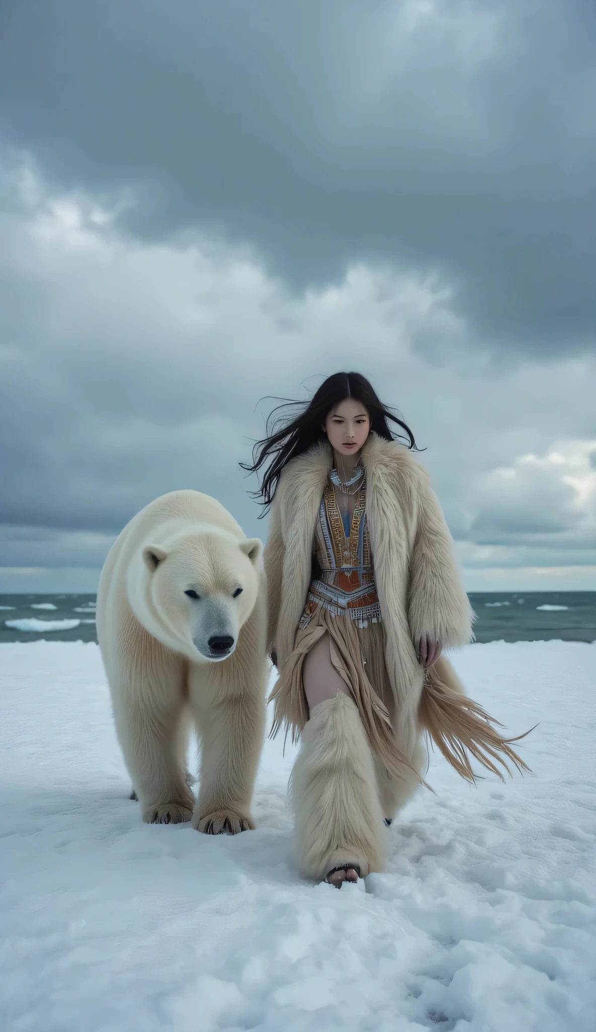 A vast, snowy landscape with a polar bear walking alongside a woman. The woman is adorned in a fur-clad outfit, complete with intricate beadwork and tassels. Her hair flows wildly, suggesting the force of the wind. The bear appears majestic and unperturbed, while the woman seems to be in a contemplative mood. The backdrop is dominated by a stormy sky and the undulating waves of a frozen sea.