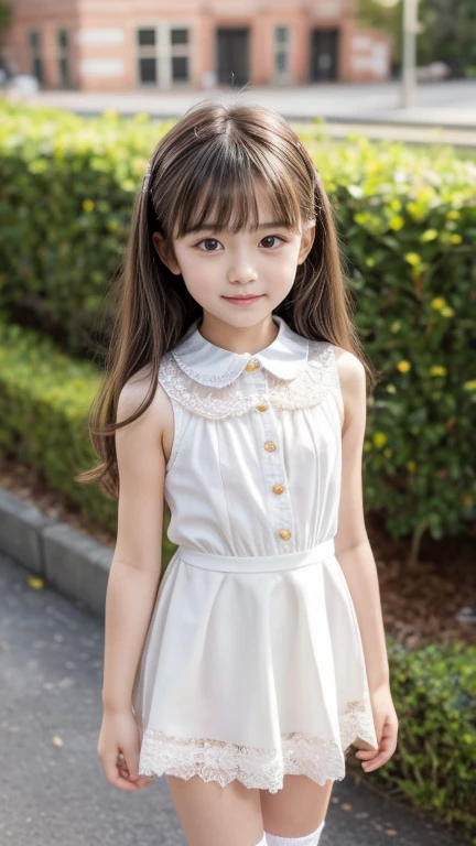 8k,Japanese,9 years old,Innocent and innocent face,Highly detailed face,Kind eyes,bangs,Hair blowing in the wind,girl,cute,Summer clothes,Casual wear,Short sleeve,Random Collar Shirt,Random Skirt,The background is a flower field,Medium-long straight hair,Black Hair,Décolletage,Thighs